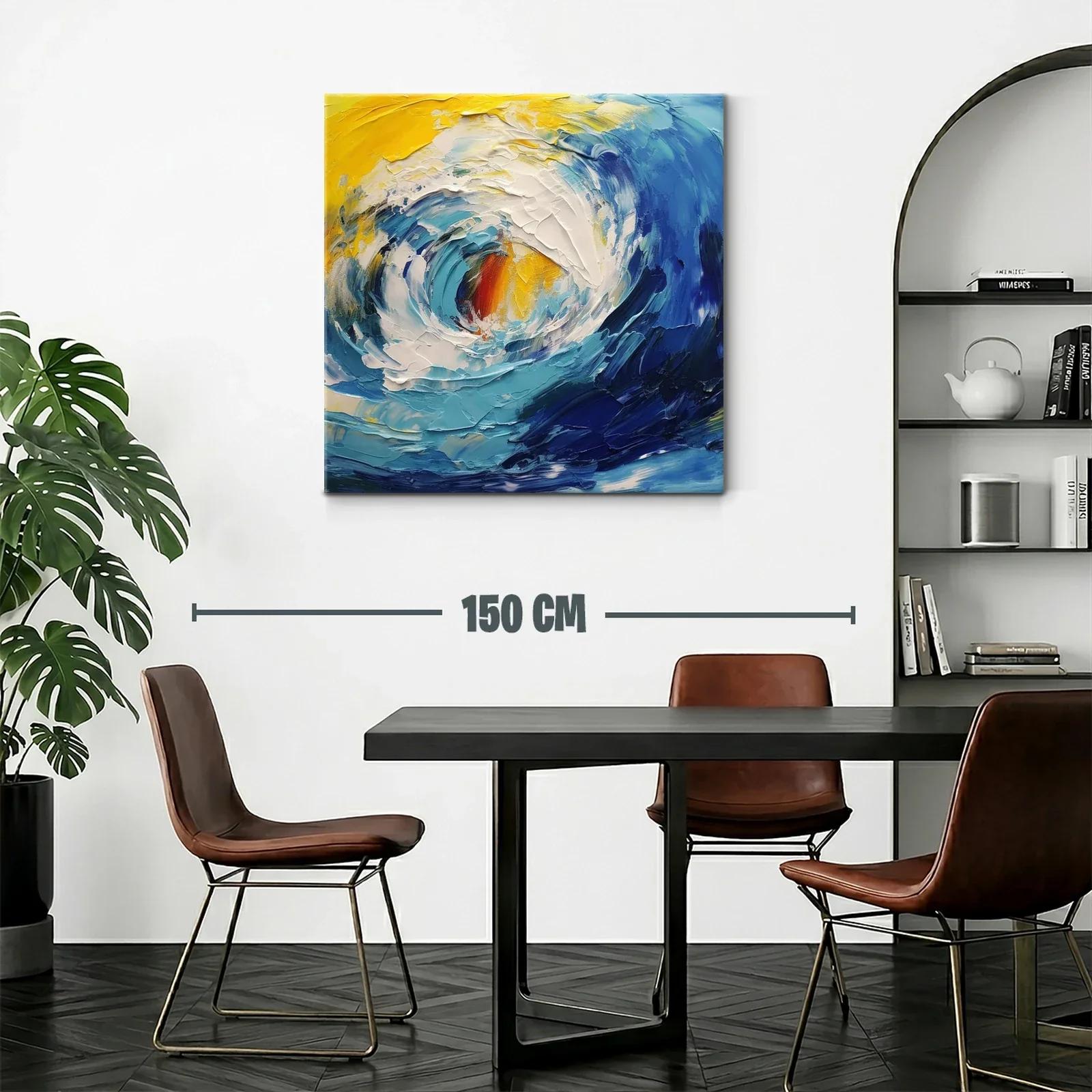 Cuadro abstracto de oleaje dinámico en tonos azul y amarillo — miniatura 2