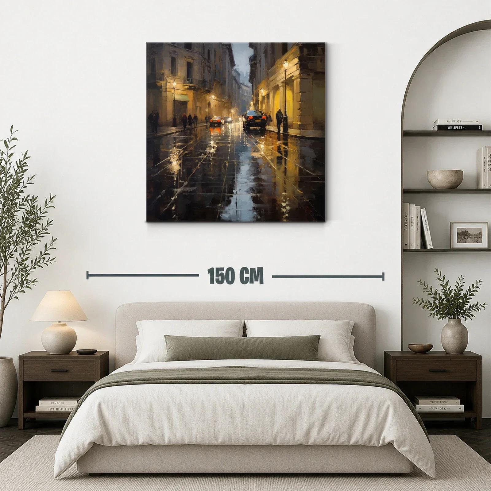 Calle urbana iluminada con reflejos en pavimento mojado — miniatura 3