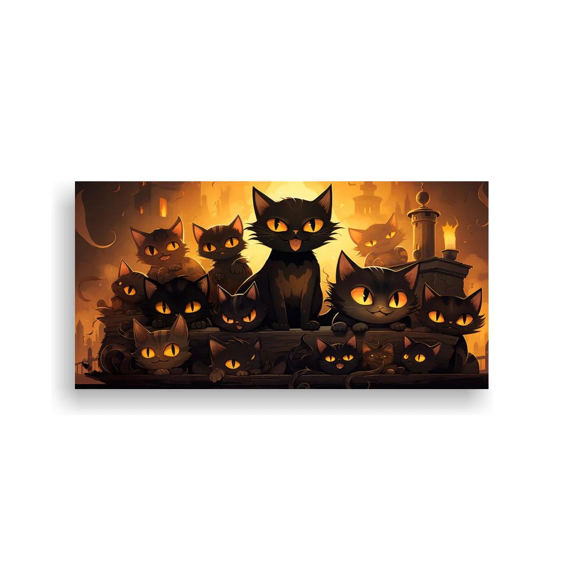 Cuadro grupo de gatos negros entre faroles y tejados