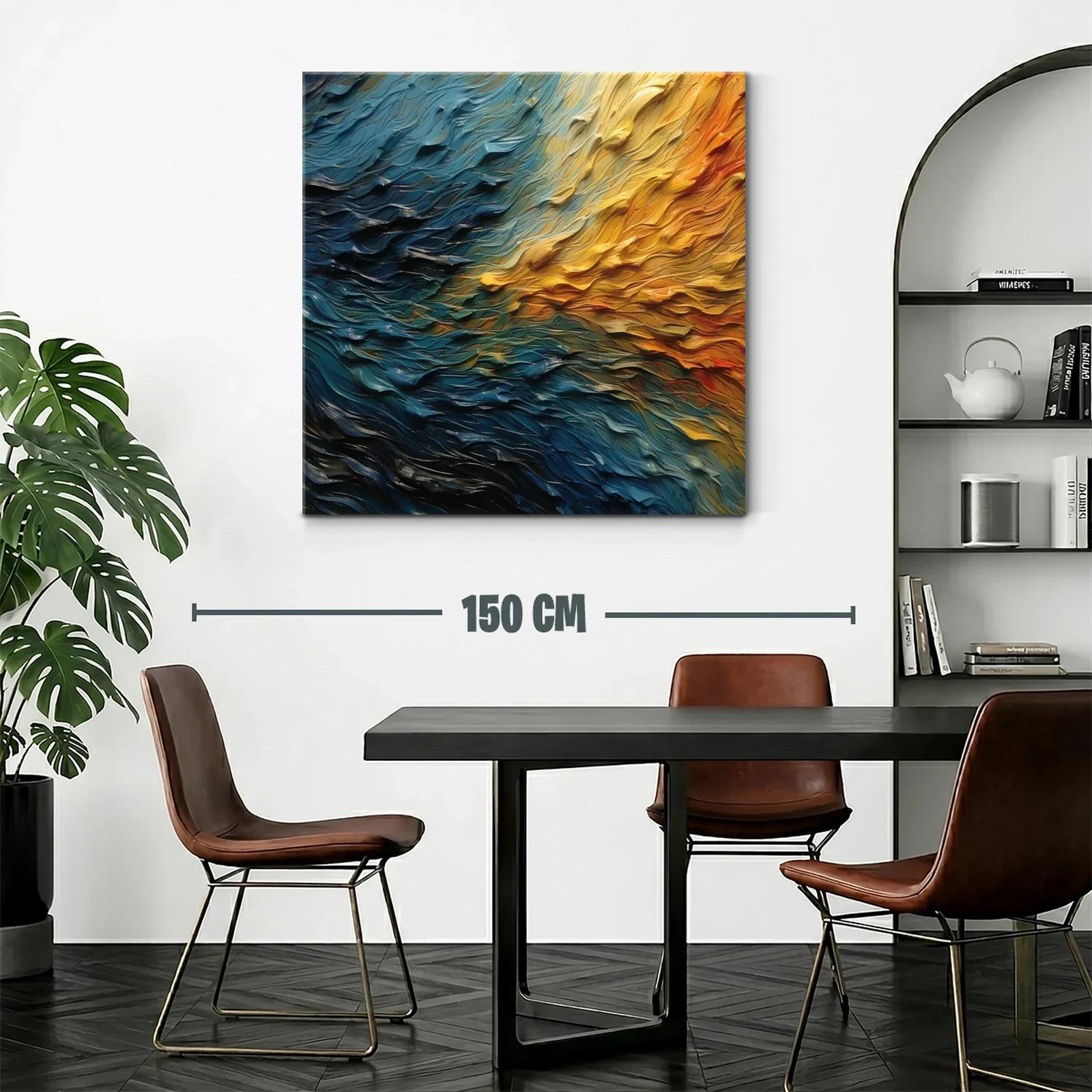 Cuadro abstracto con textura ondulada en tonos cálidos y fríos — miniatura 2