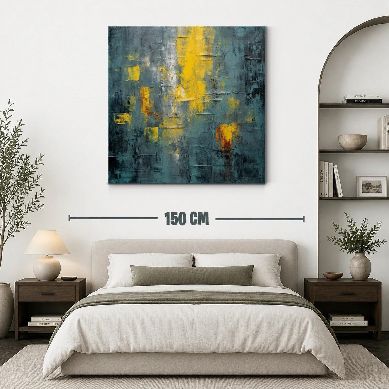 Cuadro abstracto con tonos amarillos y gris azul oscuro — miniatura 3