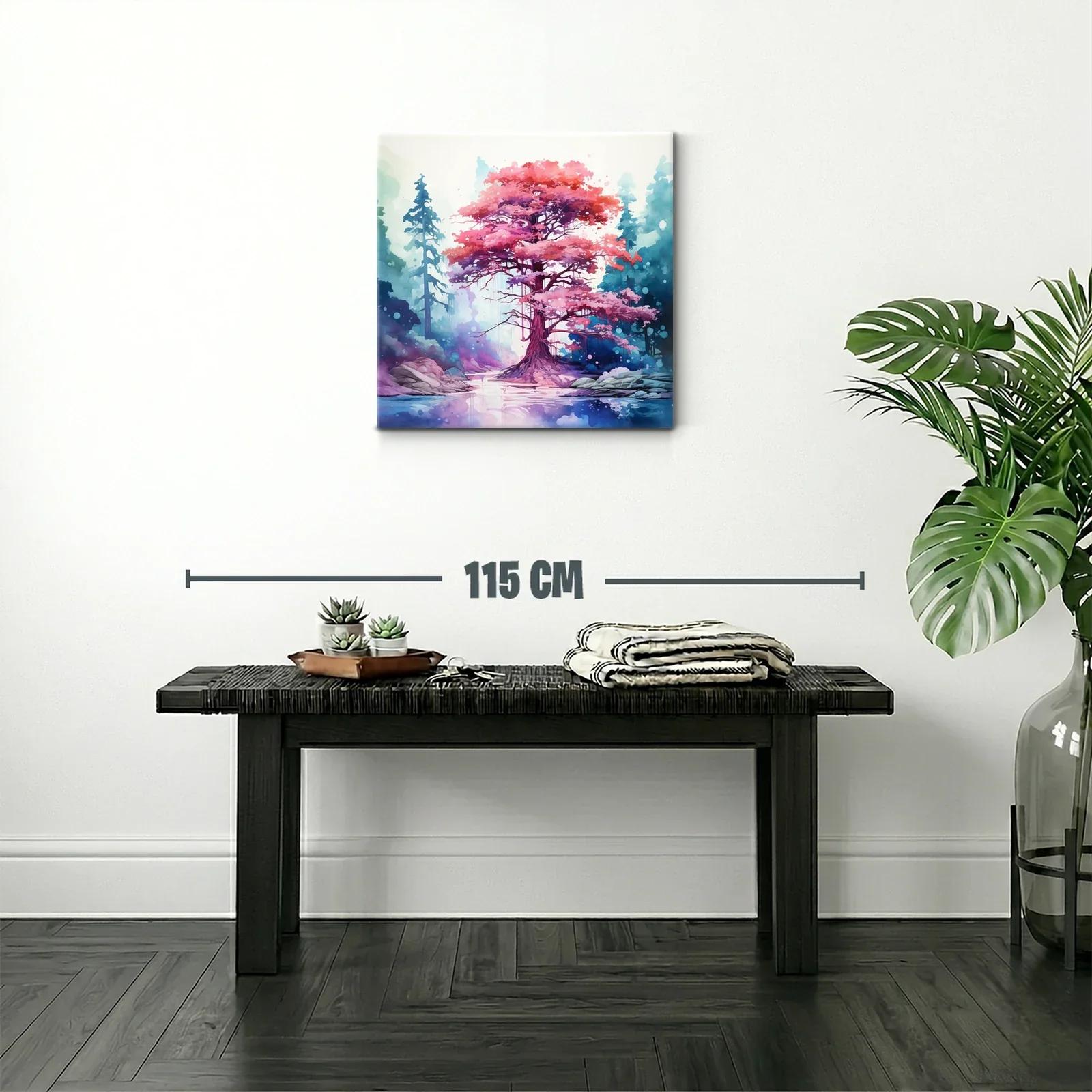 Árbol rosa mágico entre bosque azul y lago tranquilo — miniatura 2