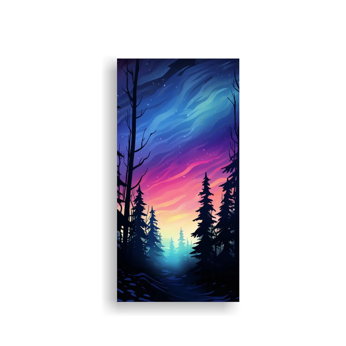 Cuadro bosque de pinos al atardecer con cielo estrellado