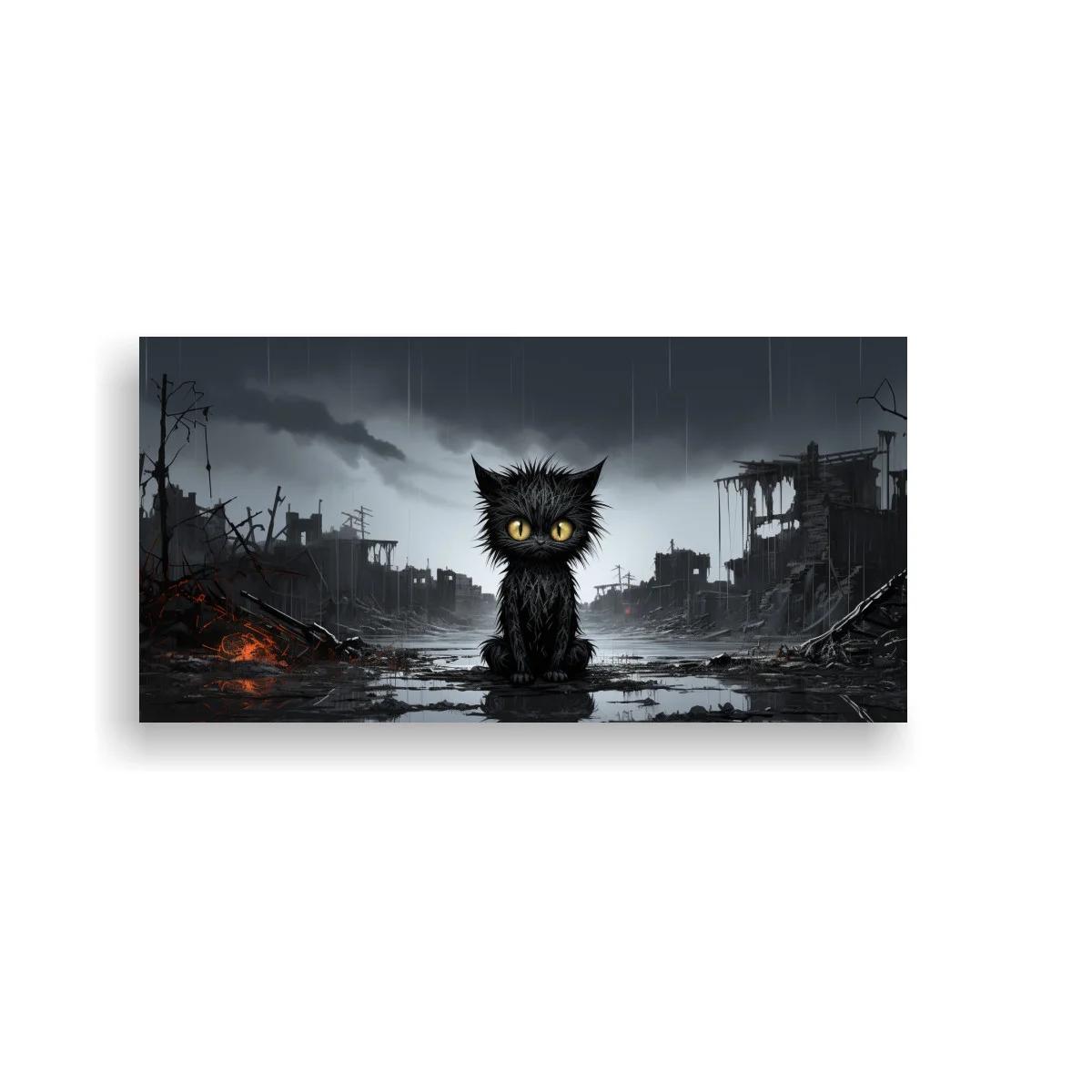 Cuadro gato negro de ojos amarillos en calle bajo la lluvia — imagen principal