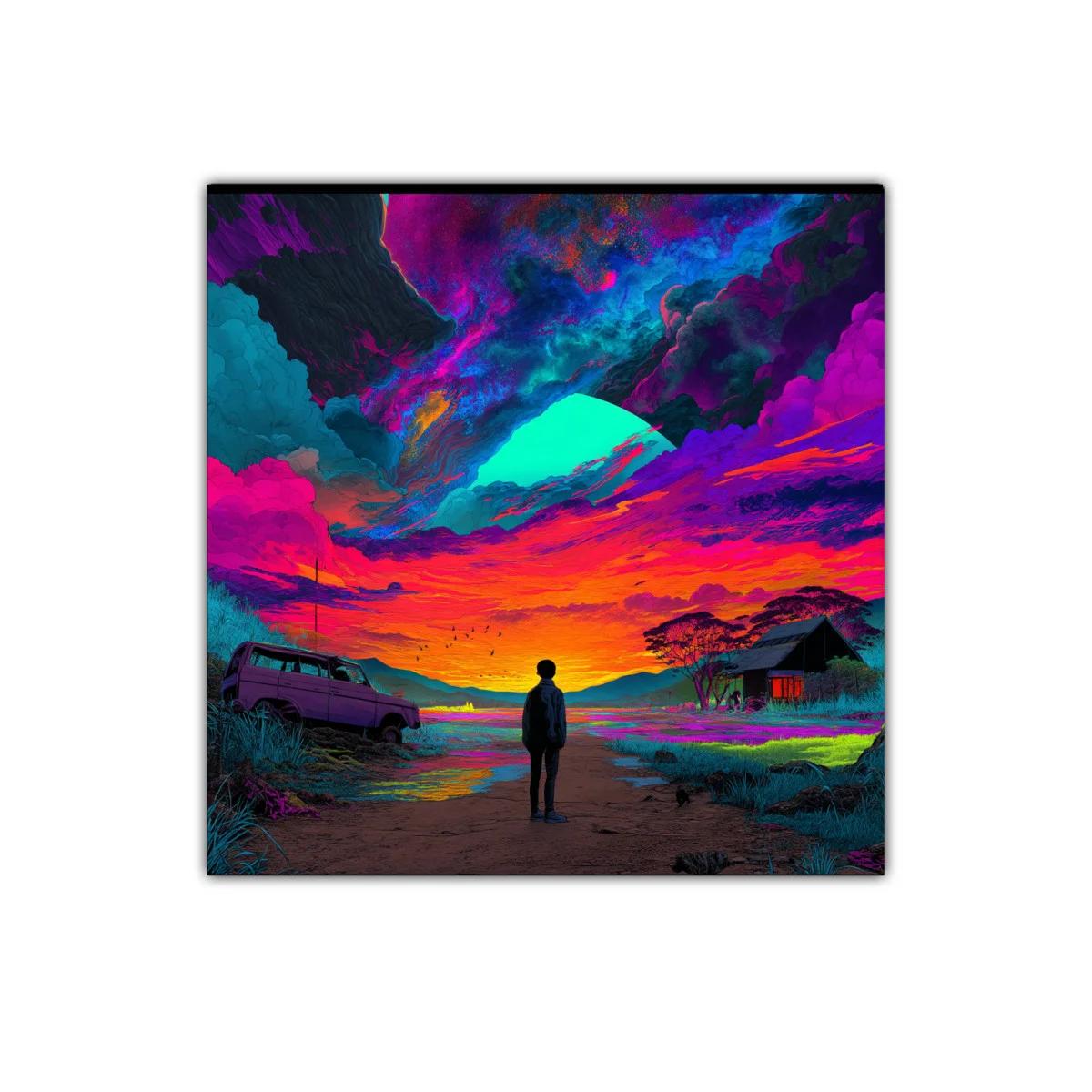 Paisaje surrealista con cielo vibrante y figura solitaria