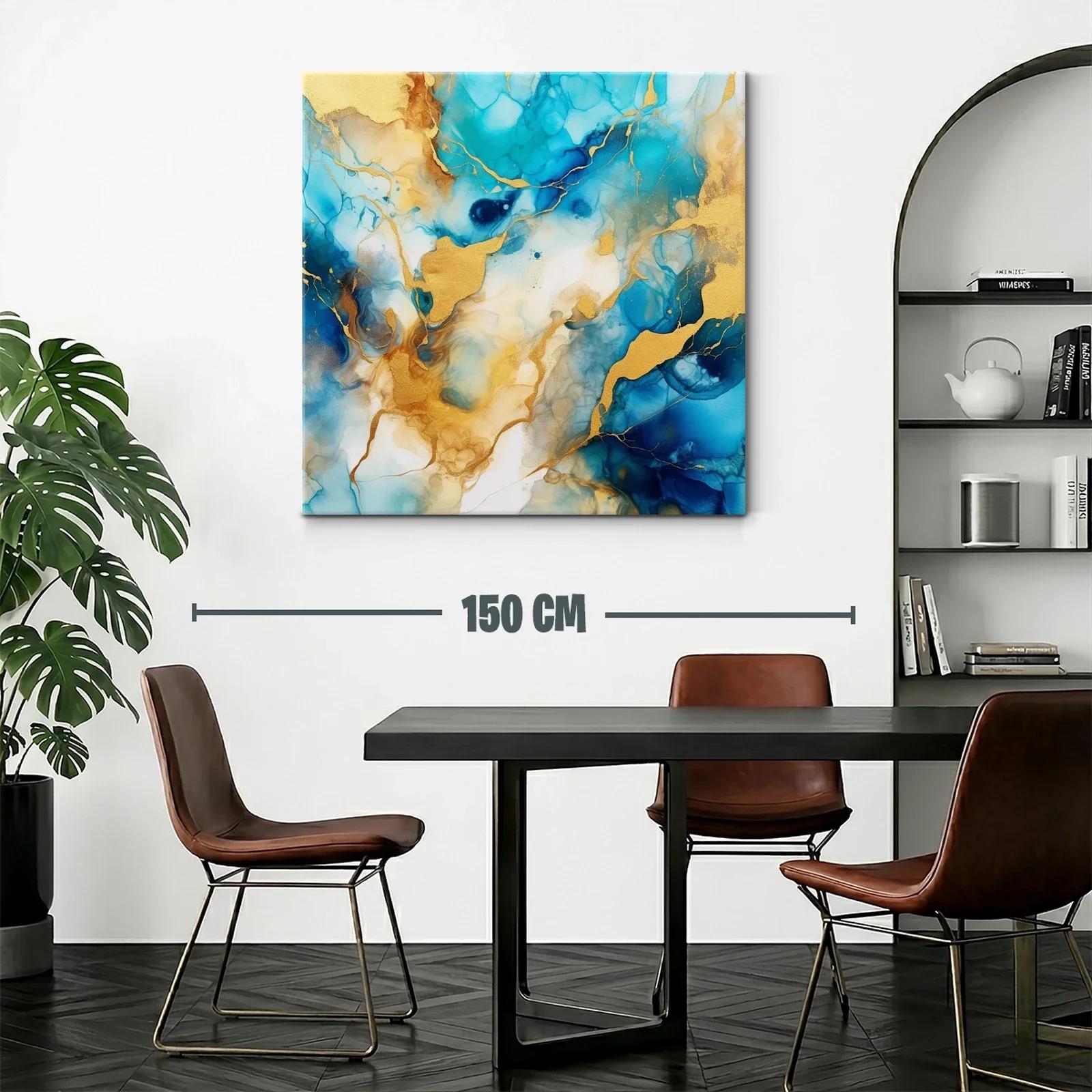 Cuadro abstracto con tonos azules y dorados vibrantes — miniatura 2