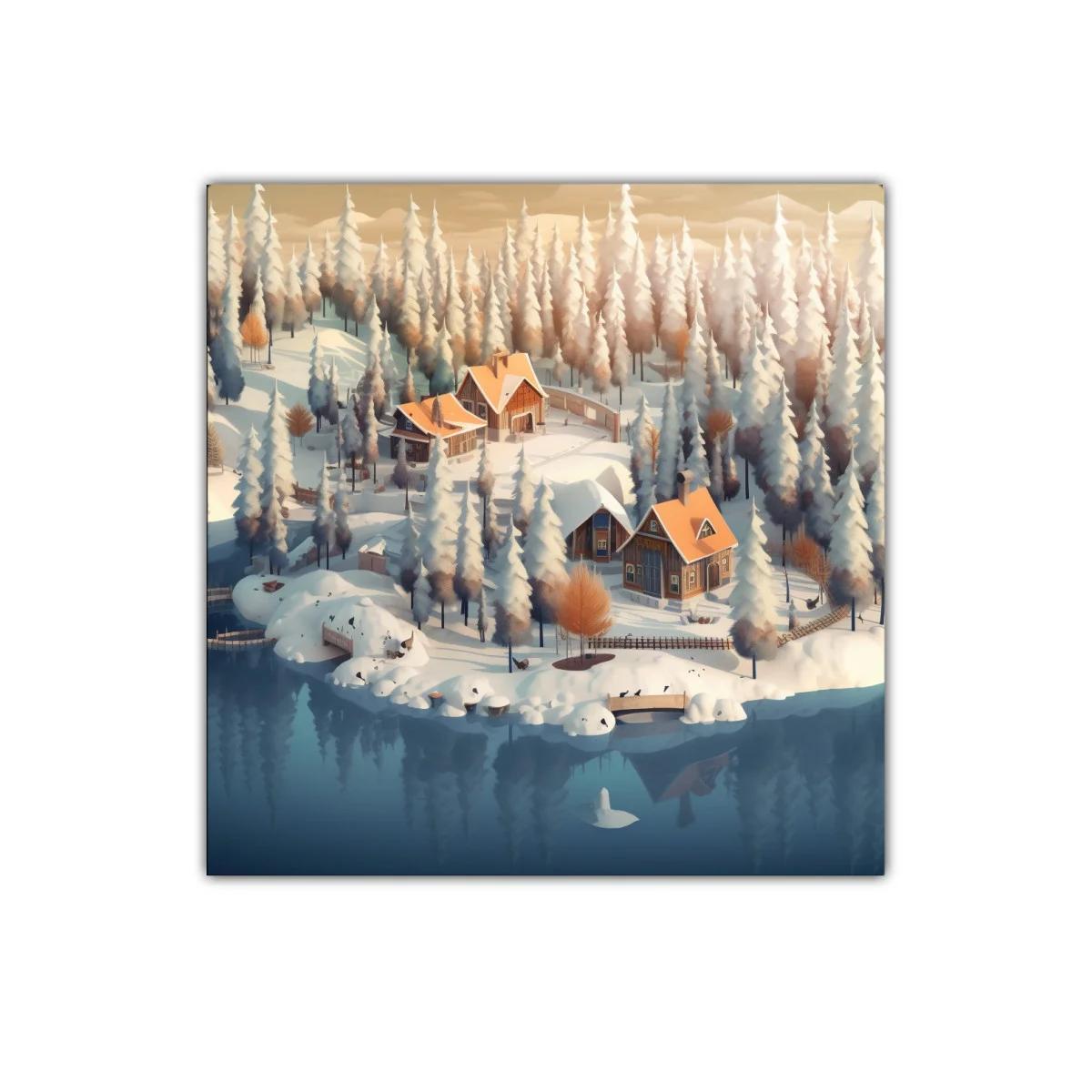 Paisaje invernal con casas acogedoras junto al lago — miniatura 1