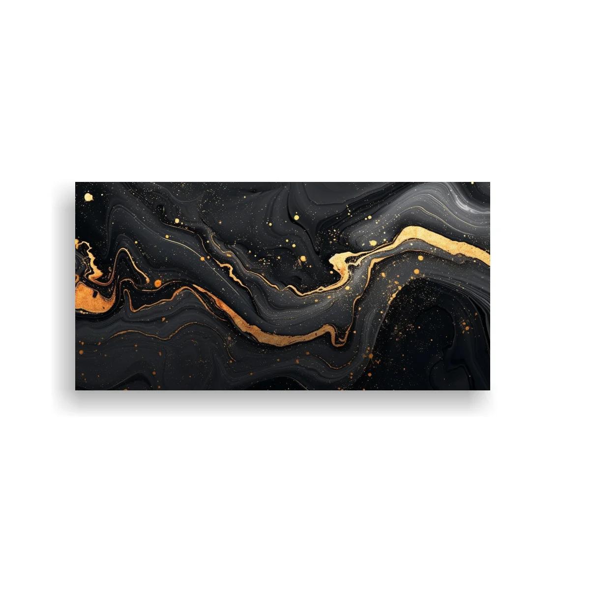 Cuadro abstracción fluida en negro y dorado con vetas onduladas — imagen principal