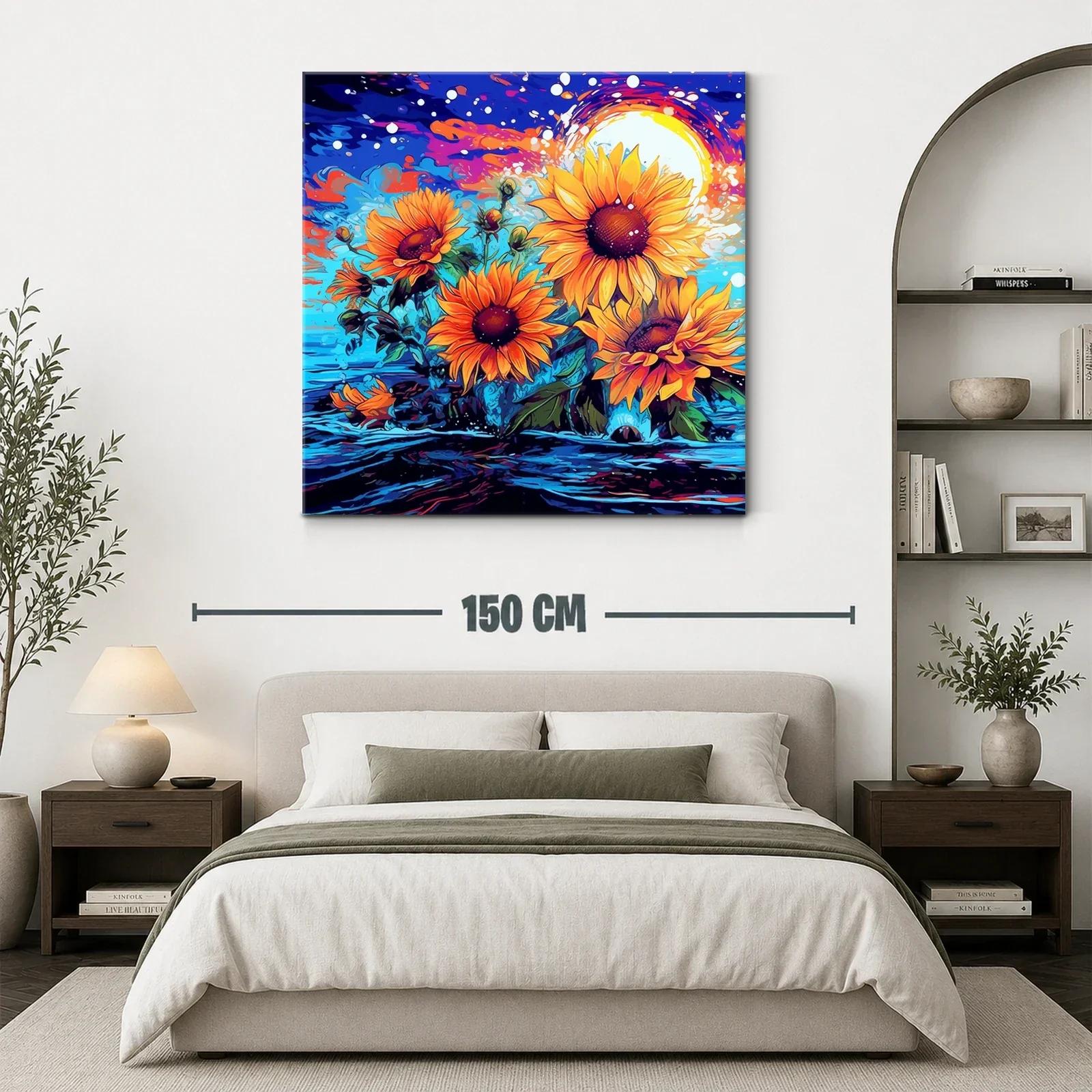 Cuadro vibrante de girasoles con fondo azul y naranja — miniatura 3