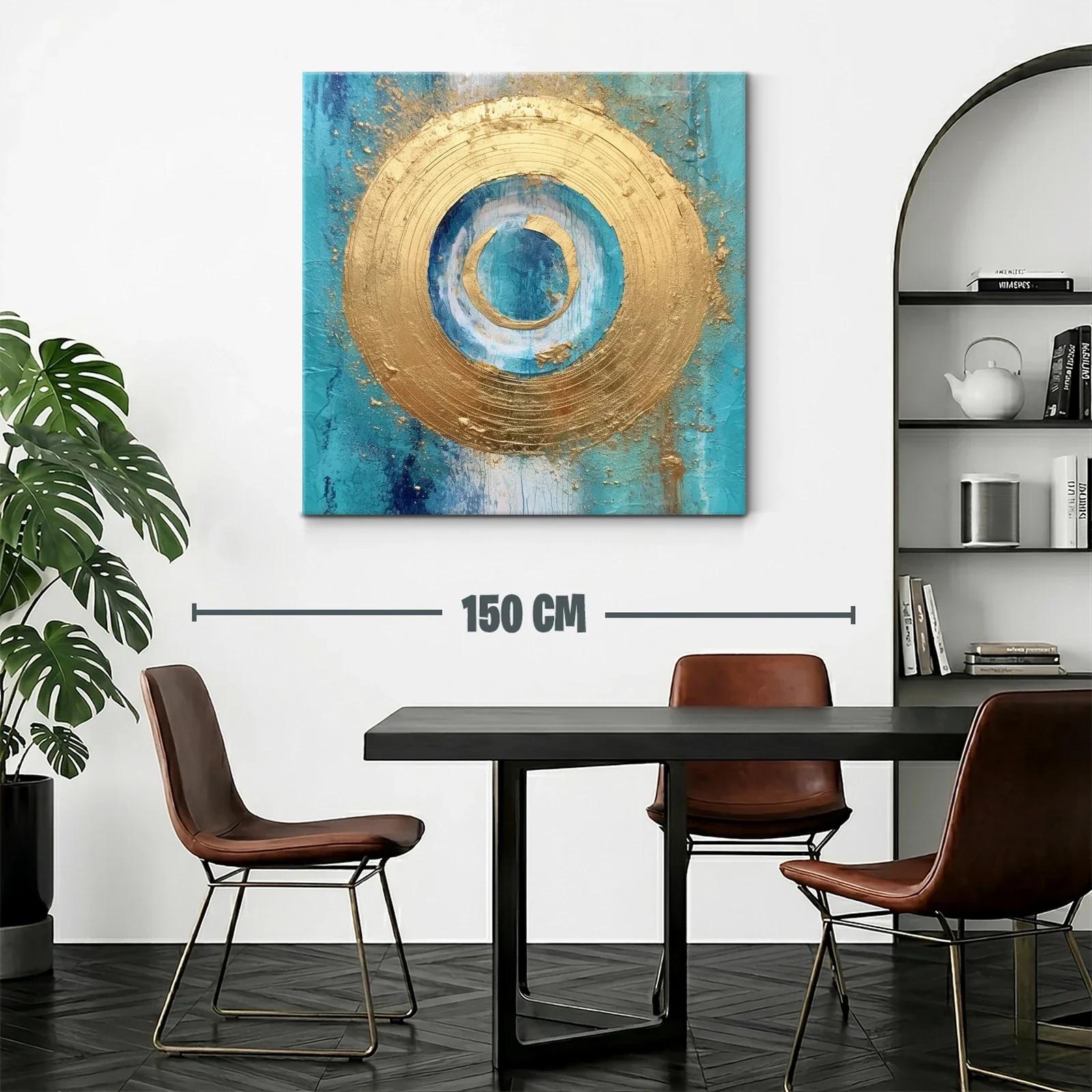 Cuadro abstracto con círculos dorados y fondo turquesa — miniatura 2