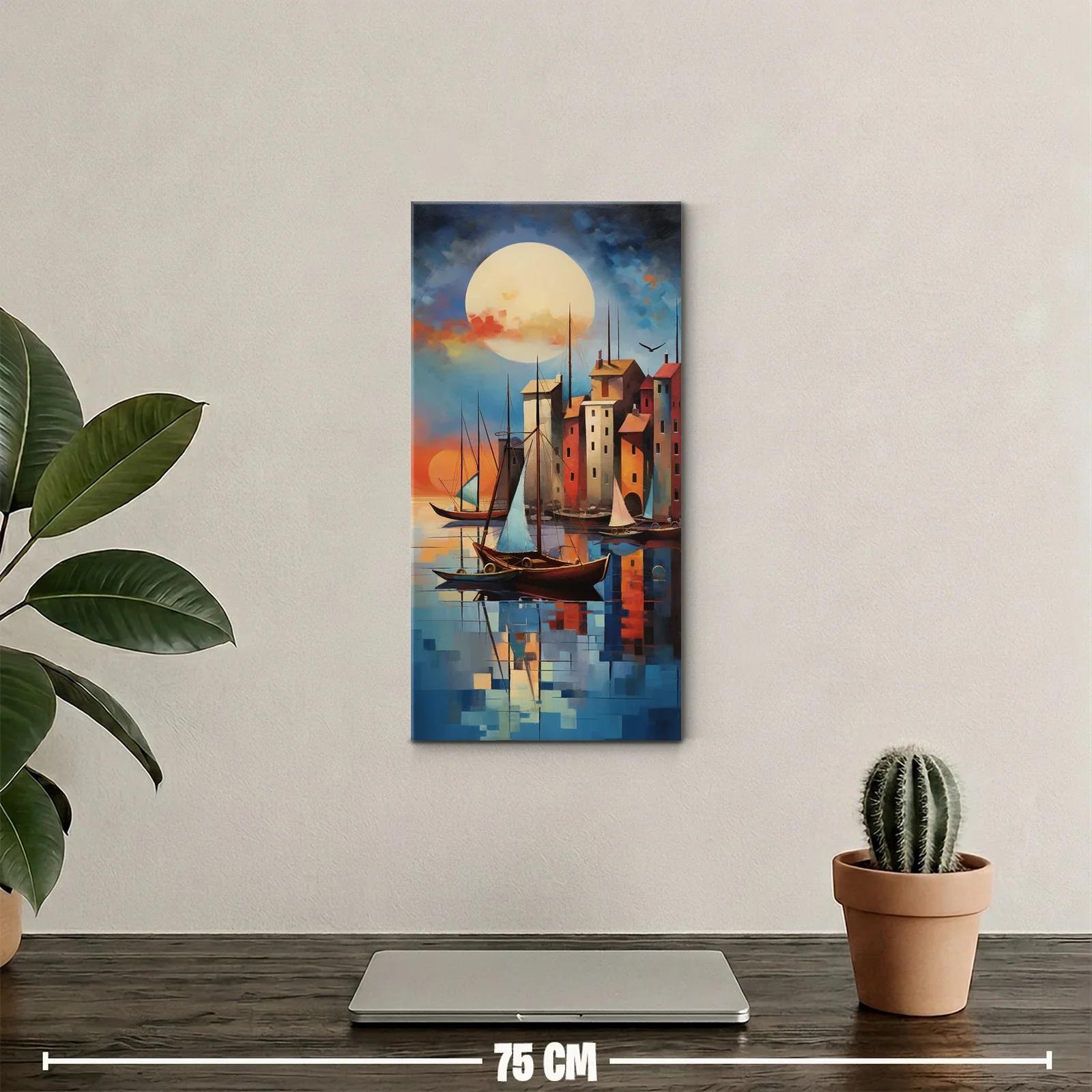 Cuadro veleros en un puerto con luna grande — miniatura 2