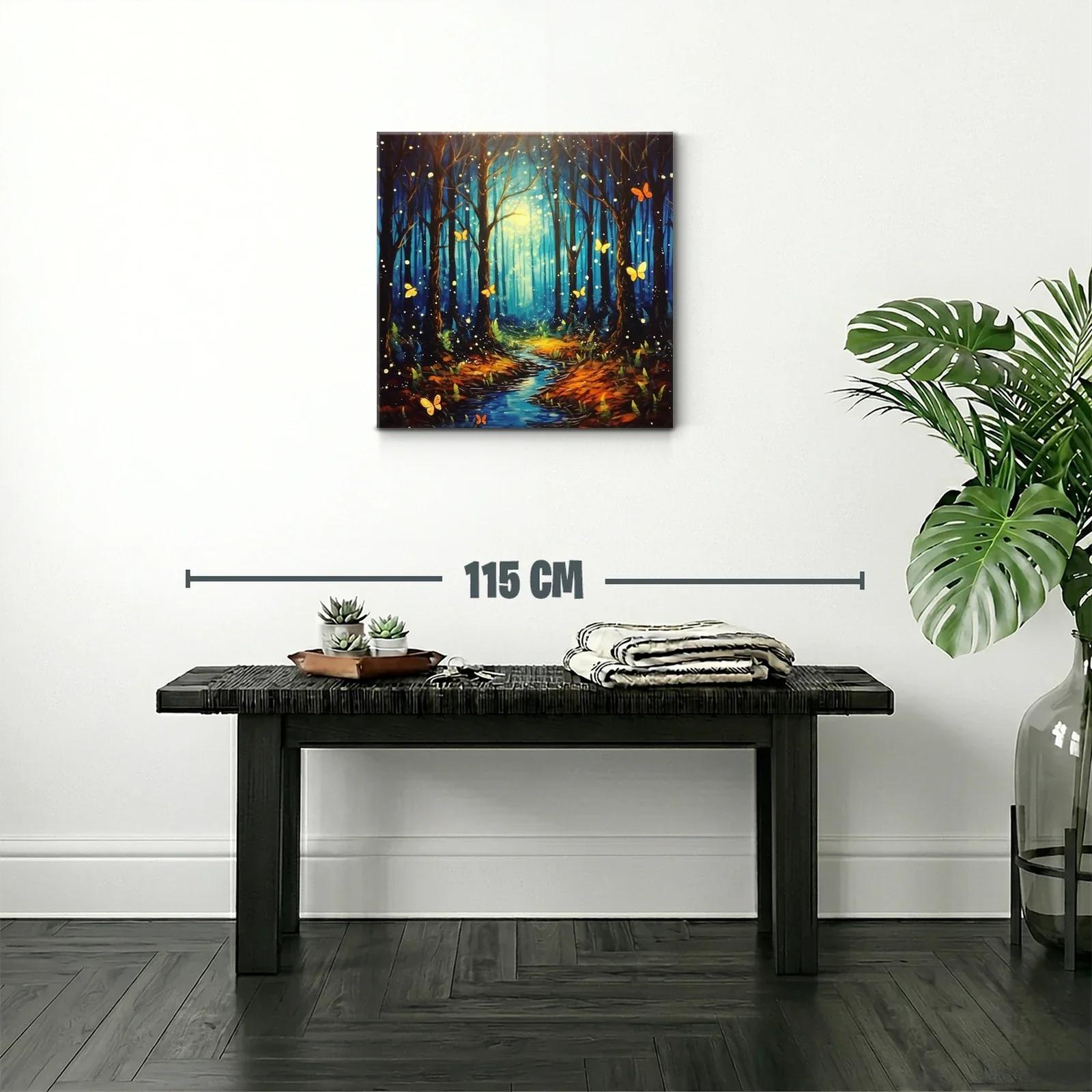 Bosque encantado con mariposas iluminadas y sendero azul — miniatura 2