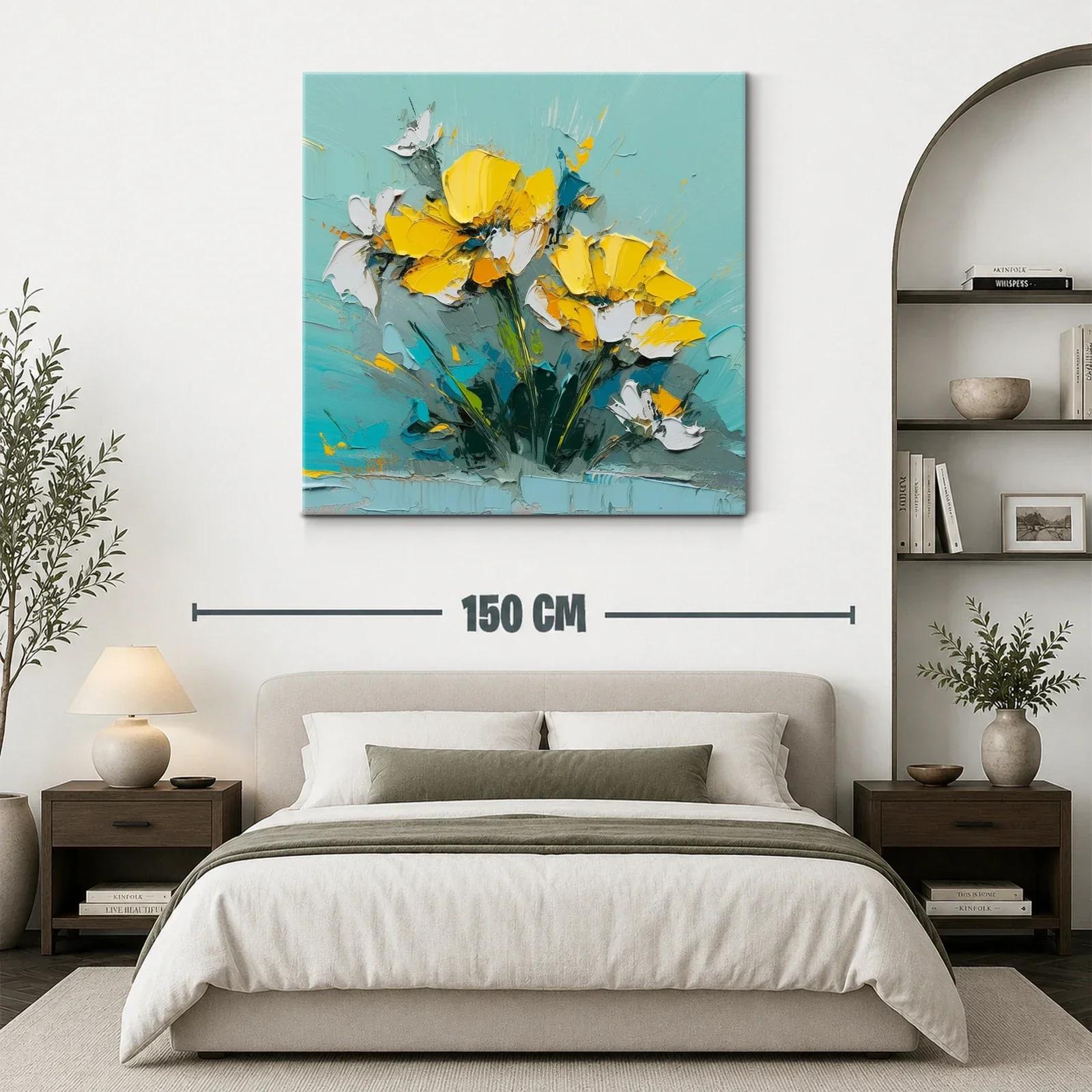 Cuadro floral con vibrantes pétalos amarillos y fondo turquesa — miniatura 3