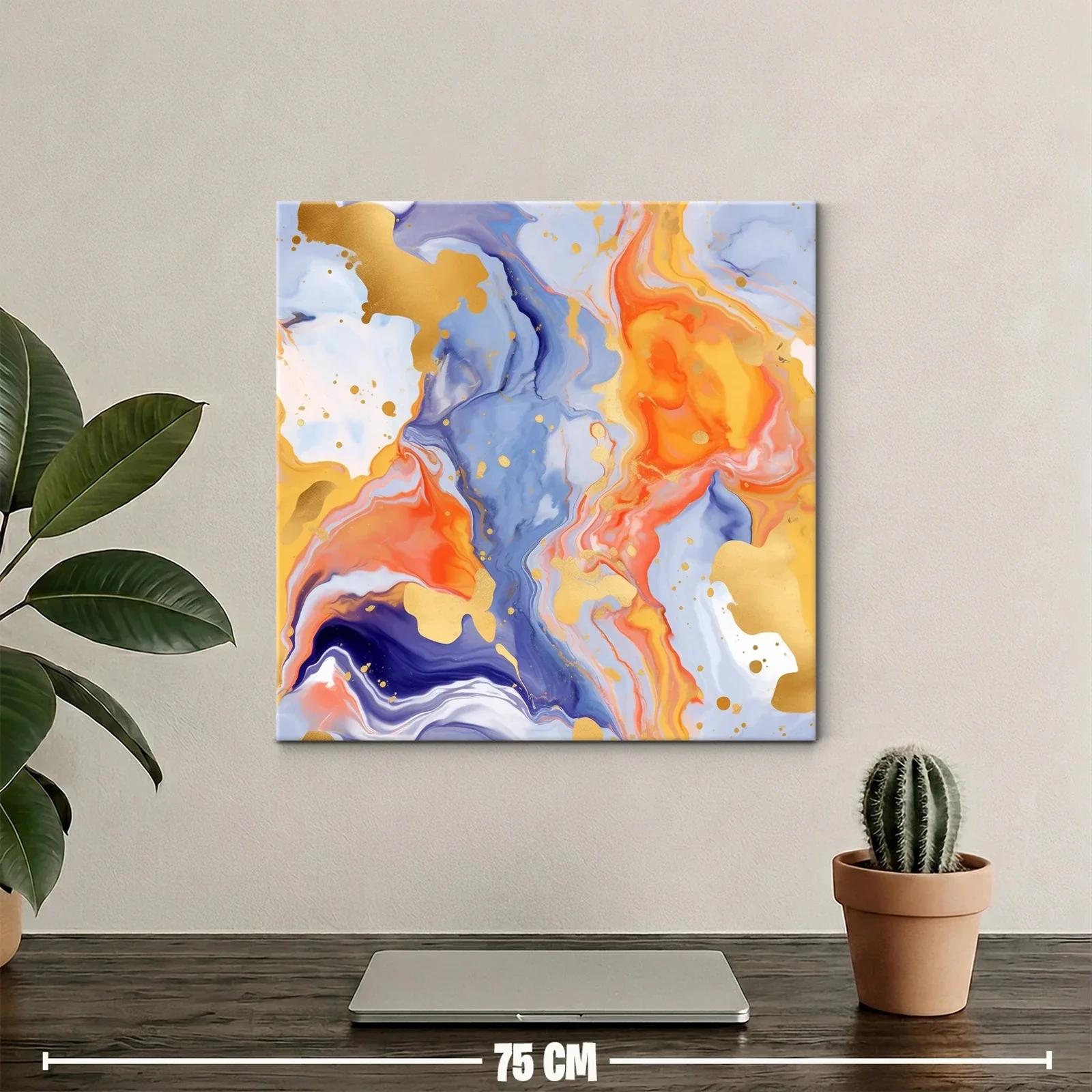 Cuadro abstracto en tonos cálidos y azules con detalles dorados — miniatura 2