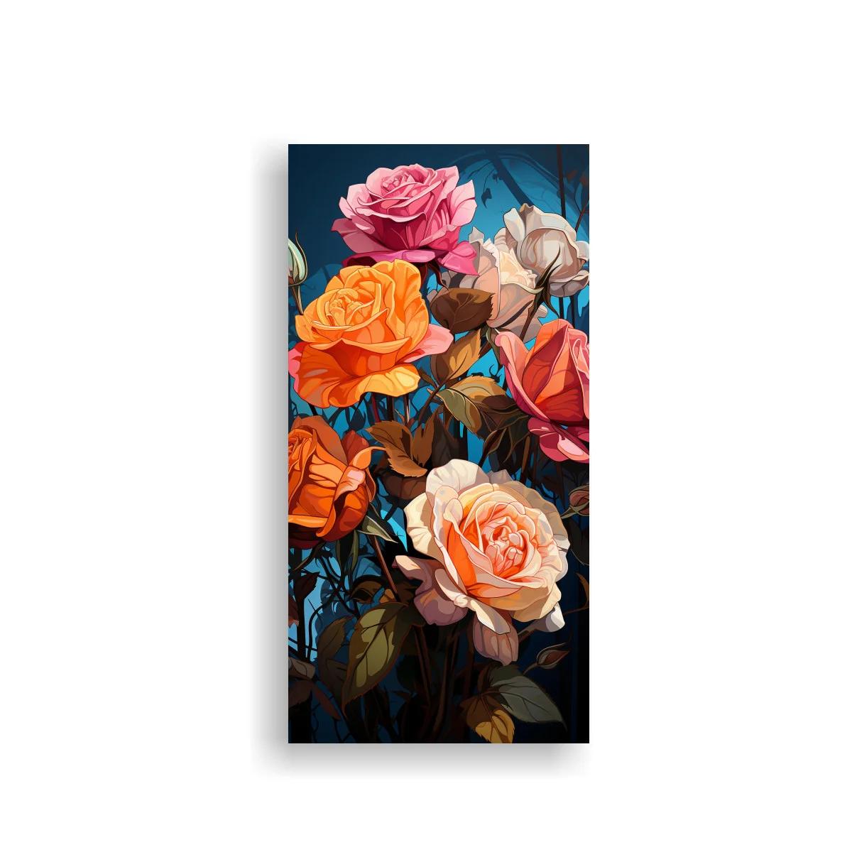 Cuadro de rosas abiertas en tonos coral y azul intenso — imagen principal