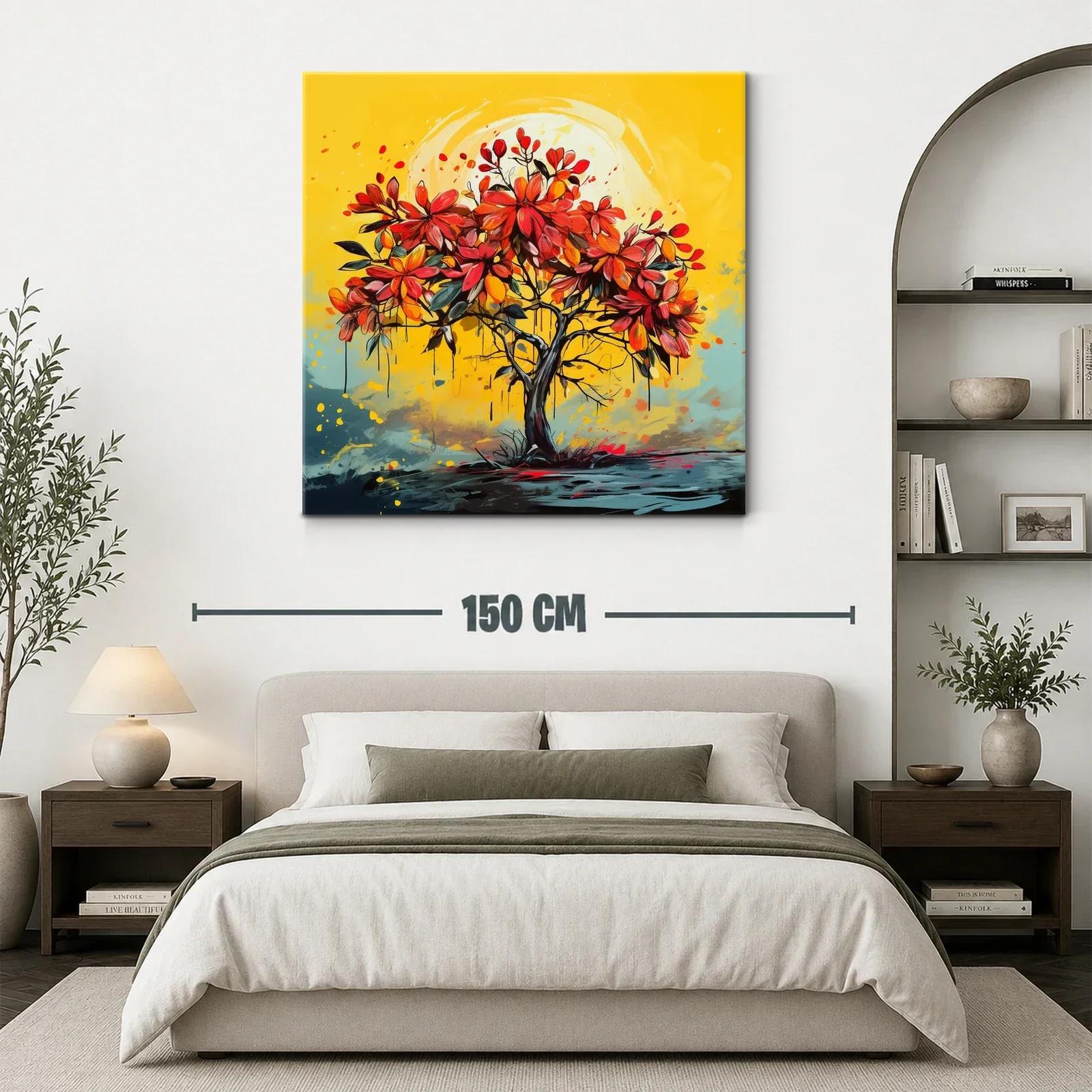 Árbol vibrante con flores rojas sobre fondo amarillo cálido — miniatura 3