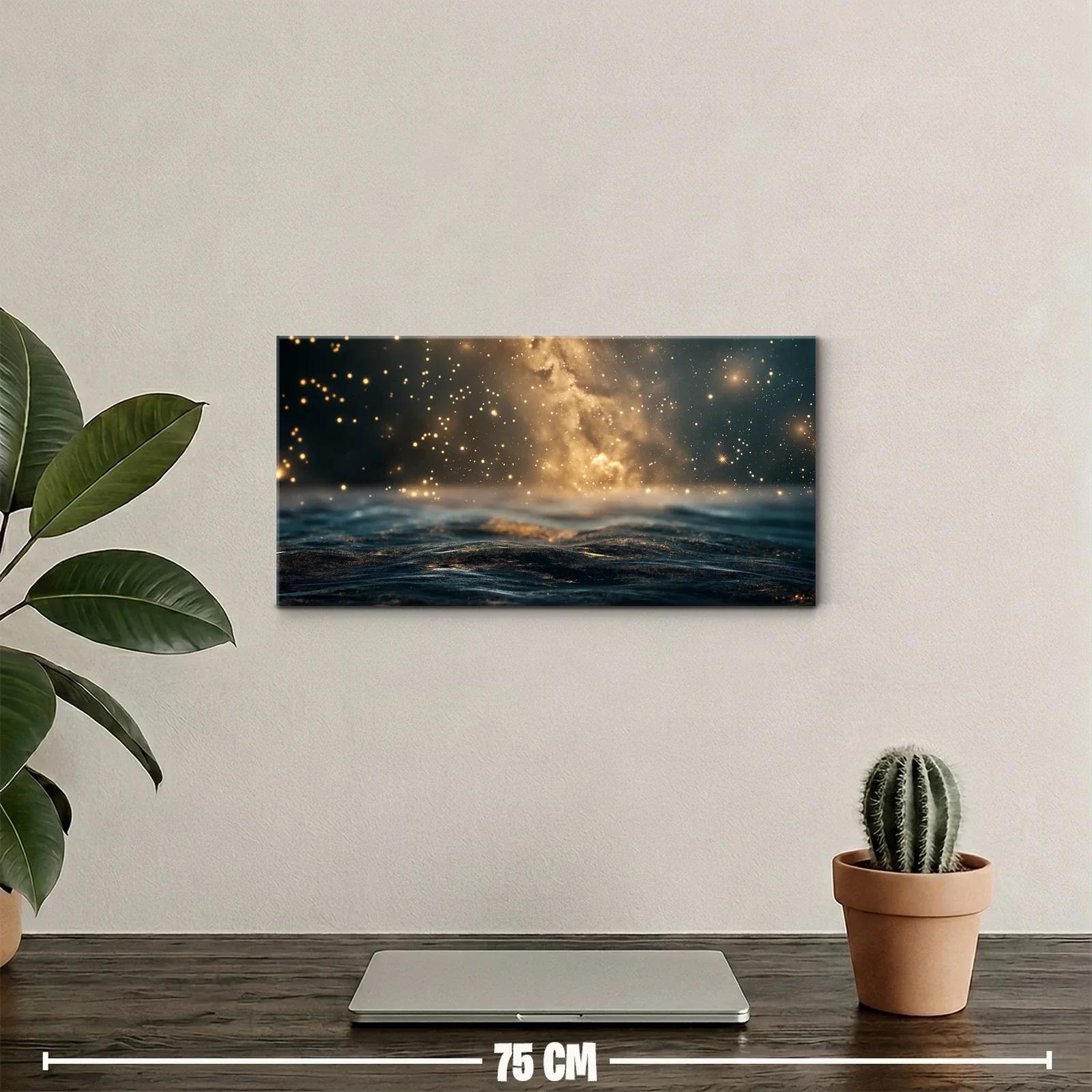 Cuadro mar iluminado bajo un cielo estrellado con luz dorada — miniatura 2