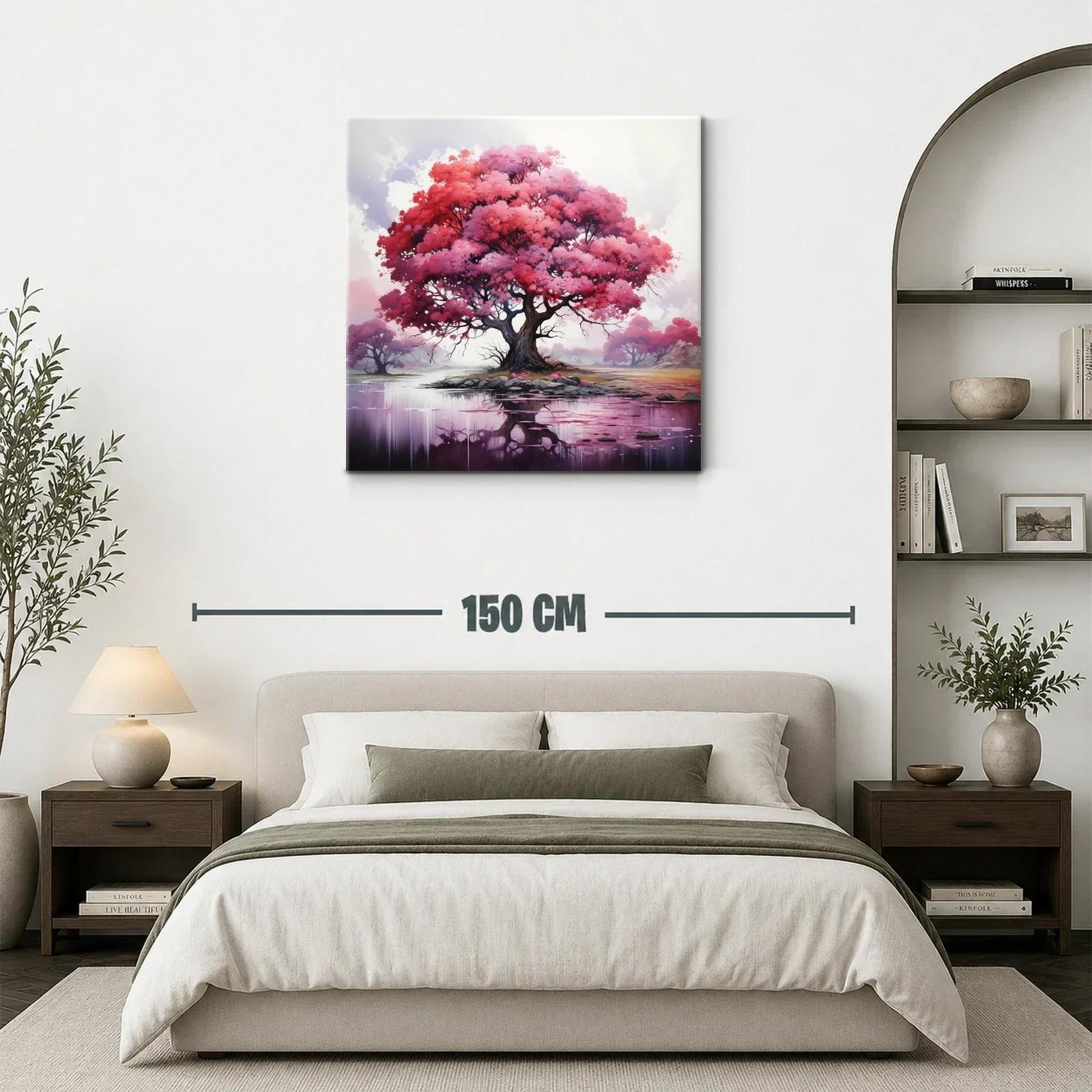 Árbol rosa con reflejo en lago sereno y místico — miniatura 3