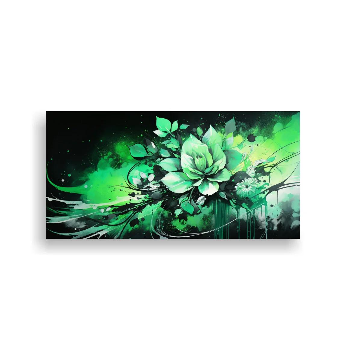 Cuadro flor verde tipo loto con trazos y salpicaduras — imagen principal