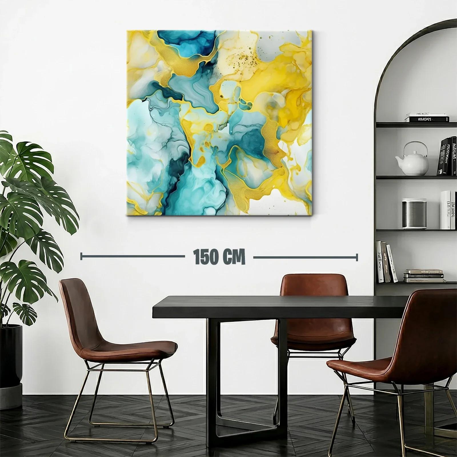 Cuadro abstracto con tonos turquesa y dorados vibrantes — miniatura 2