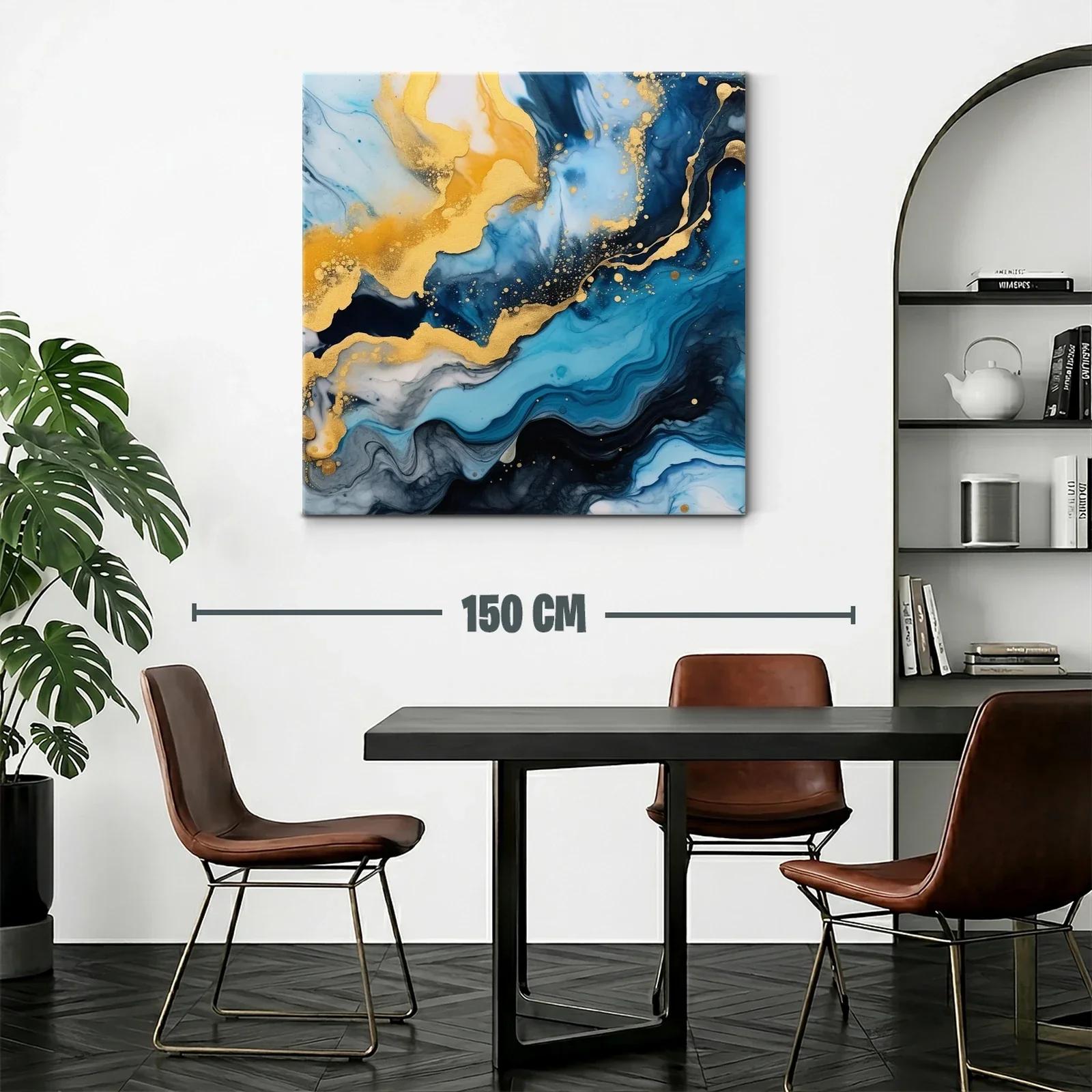 Cuadro abstracto con tonos azules y dorados vibrantes — miniatura 2