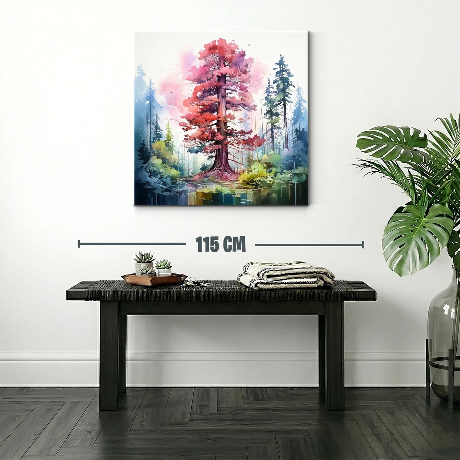 Árbol rojo vibrante en bosque estilizado y sereno — miniatura 2