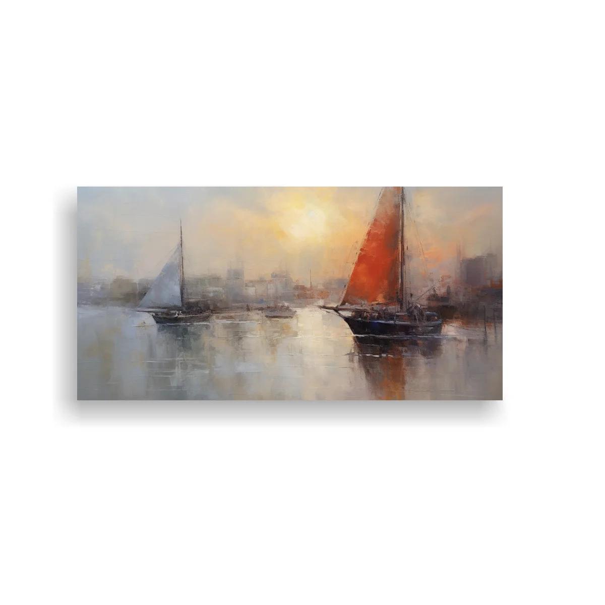 Cuadro velero de vela roja con horizonte urbano borroso — imagen principal