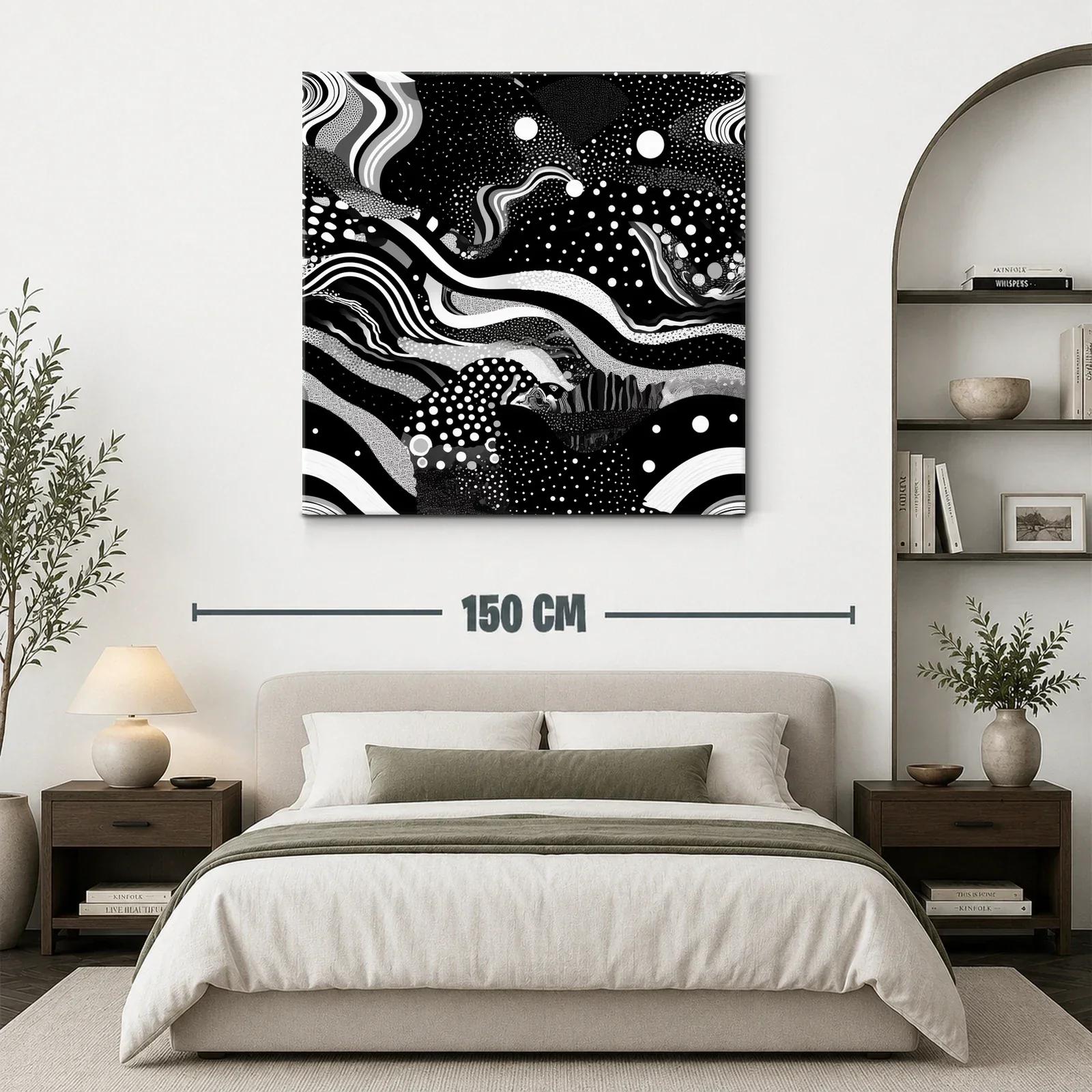 Cuadro abstracto en blanco y negro con formas y puntos dinámicos — miniatura 3