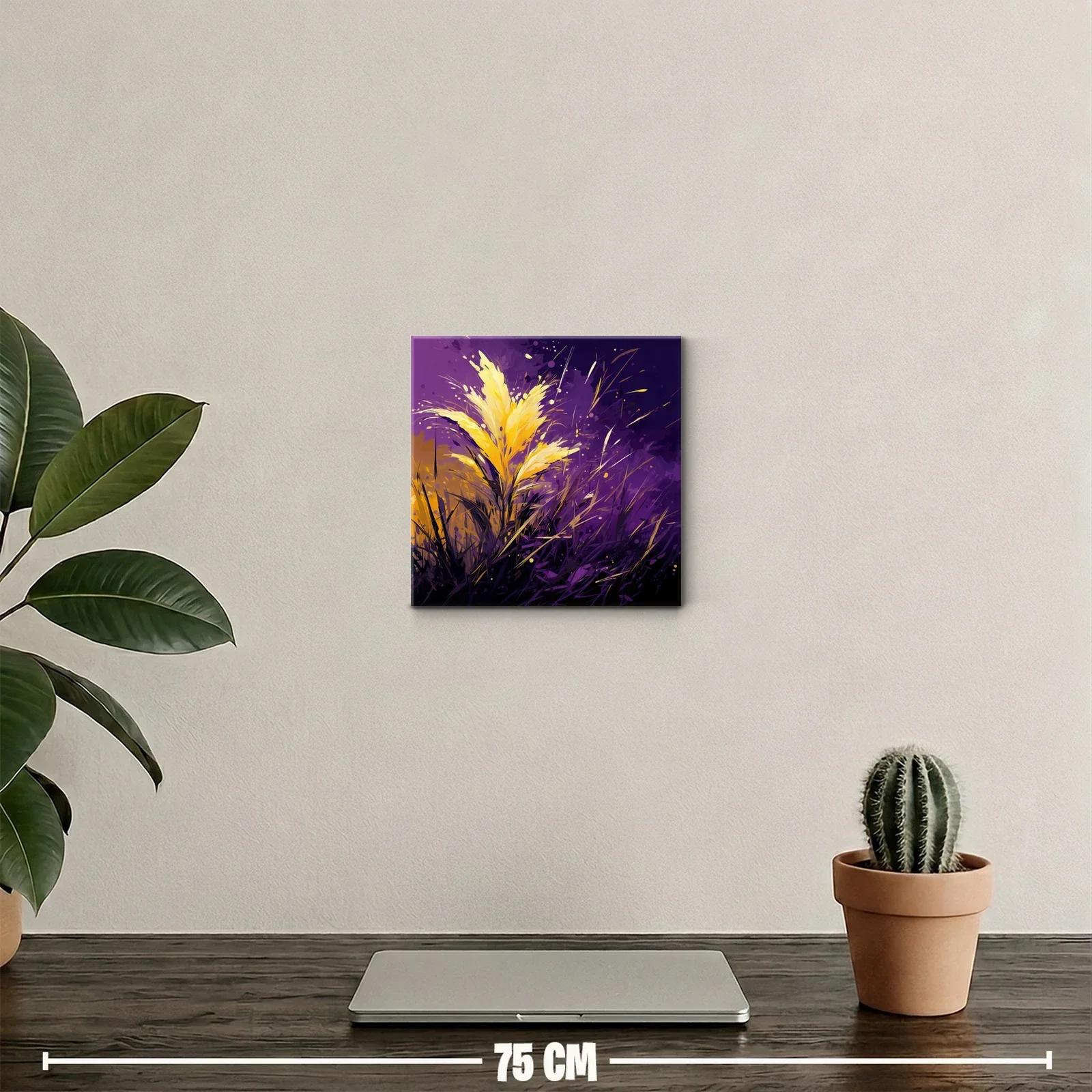 Cuadro decorativo con flores doradas en fondo púrpura intenso — miniatura 2