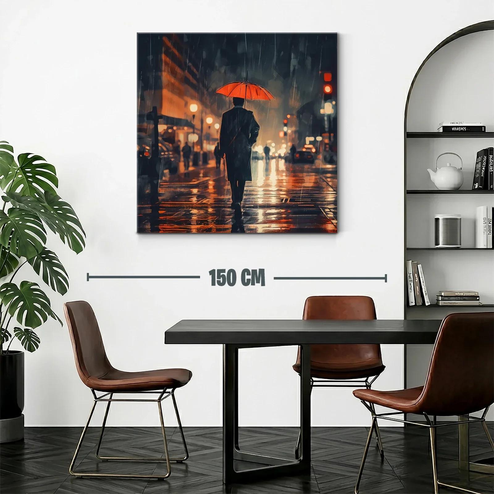 Atardecer urbano con paraguas rojo bajo la lluvia — miniatura 2