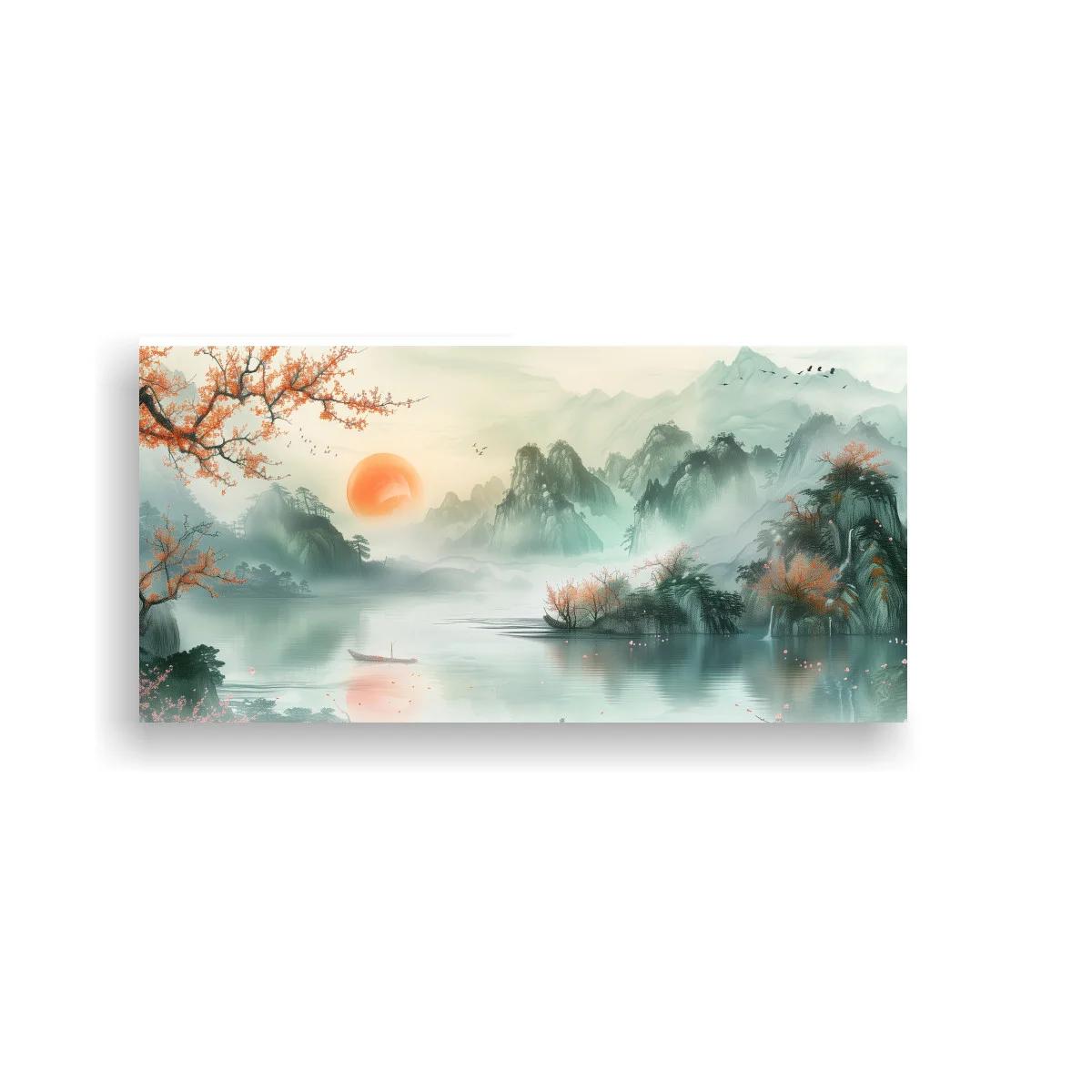 Cuadro paisaje de montañas con lago y flores rosadas — imagen principal