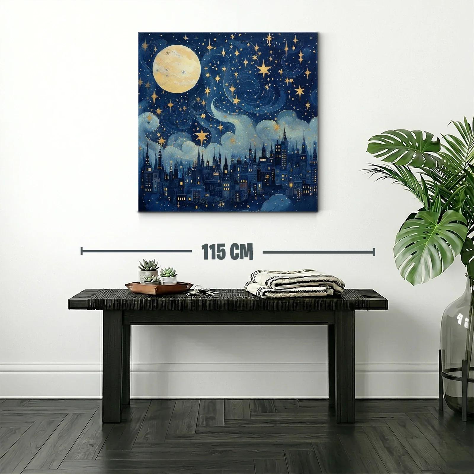 Ciudad nocturna bajo un cielo estrellado con luna llena — miniatura 2