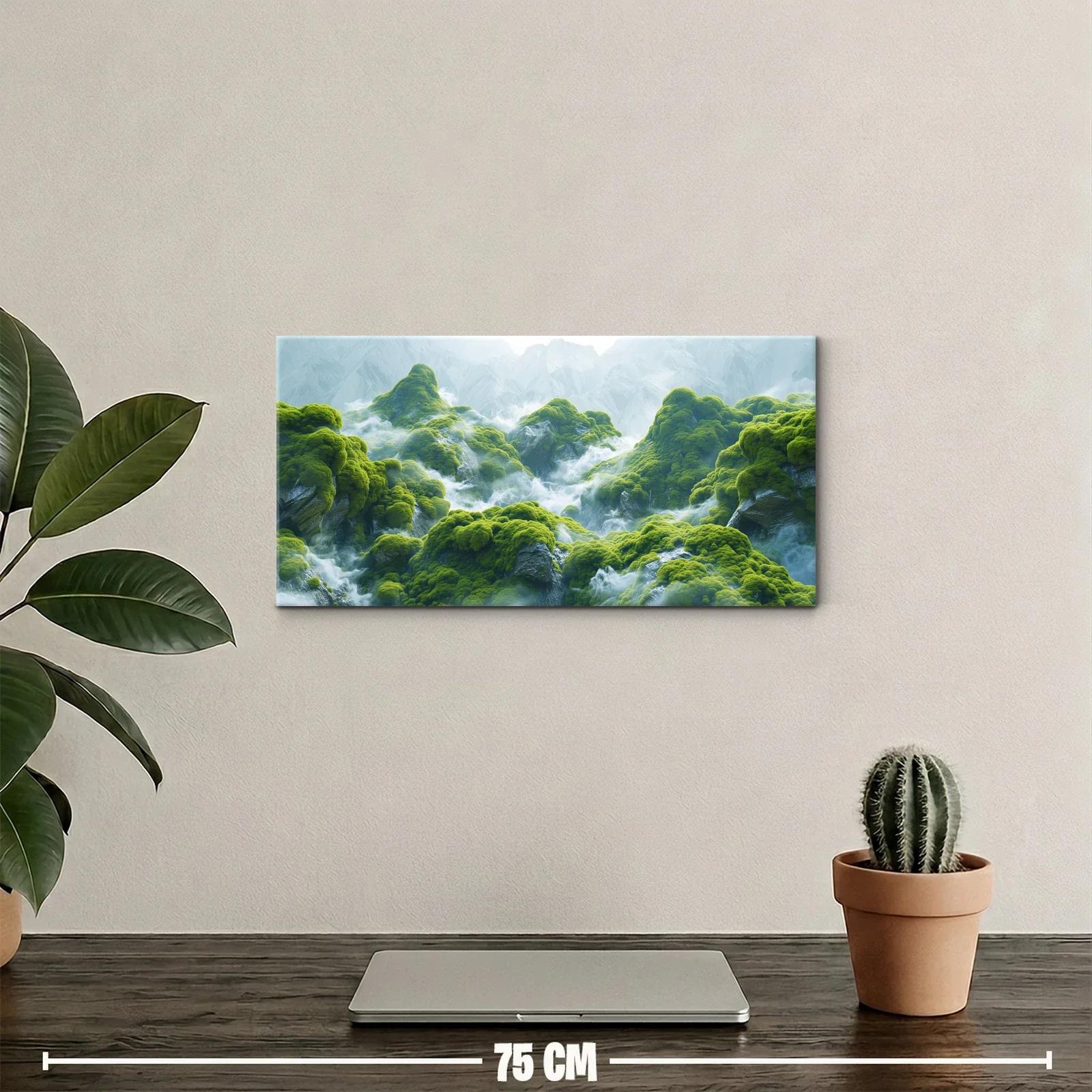 Cuadro montañas verdes con cascadas y bruma — miniatura 2