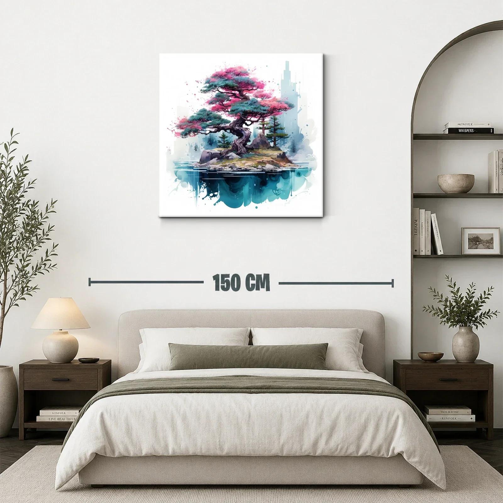 Árbol bonsái en isla flotante con tonos rosas y azules — miniatura 3