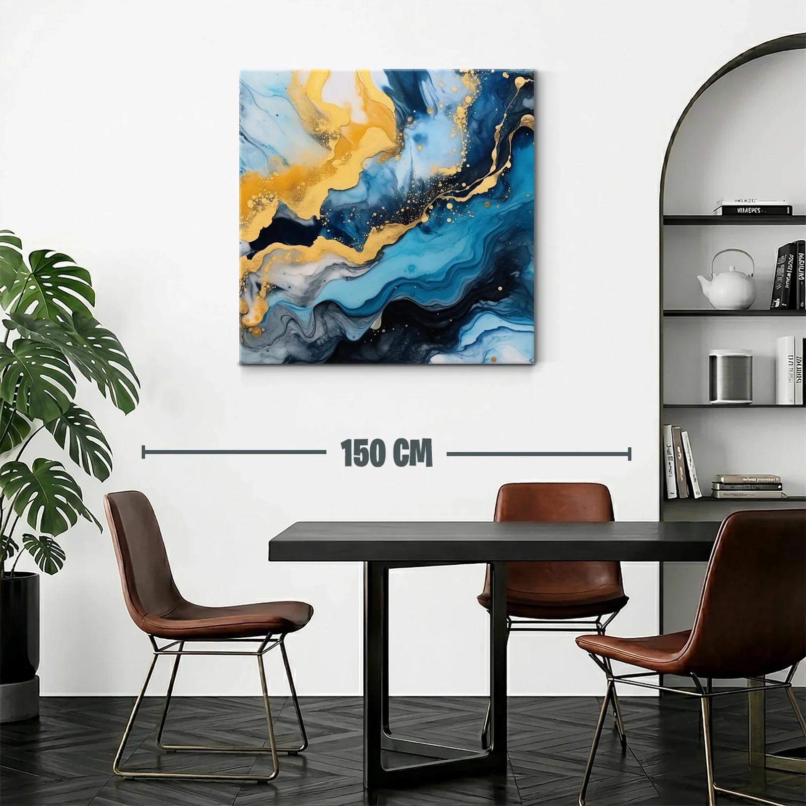 Cuadro abstracto con tonos azules y dorados vibrantes — miniatura 2