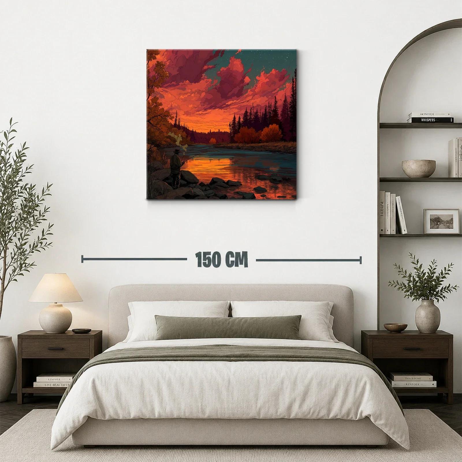 Puesta de sol vibrante en río con pescador solitario — miniatura 3