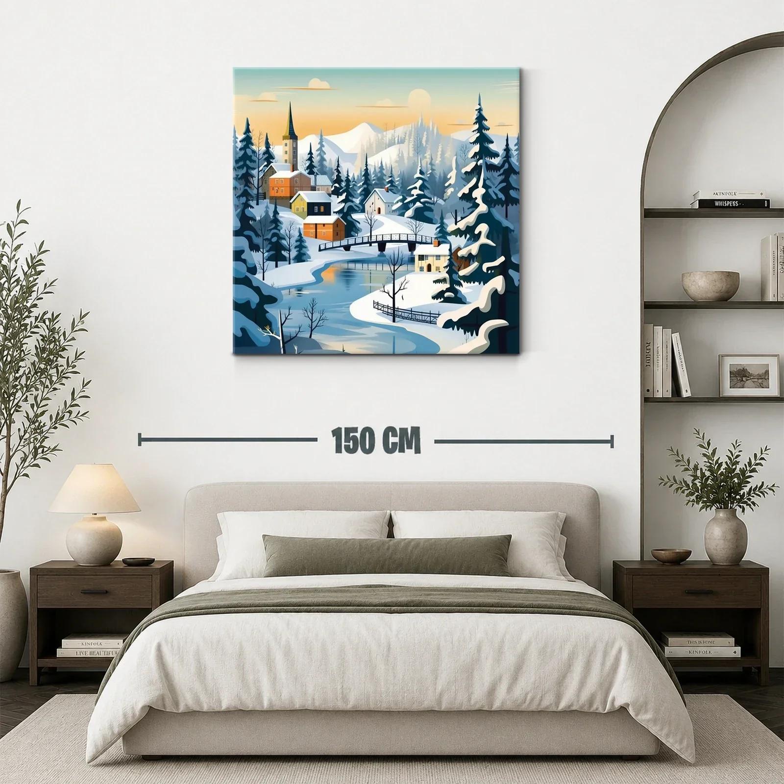 Paisaje invernal con puente y casas de montaña — miniatura 3