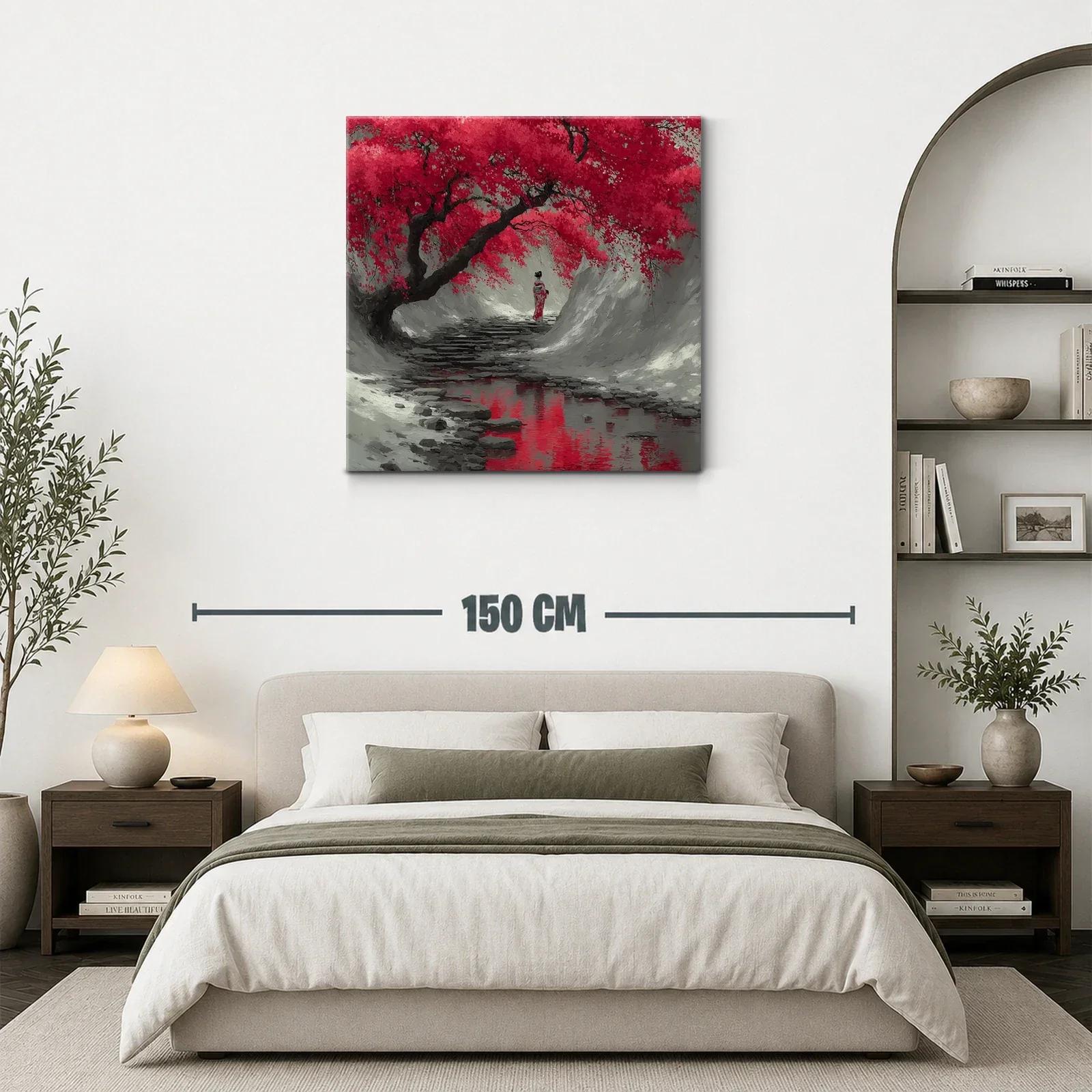 Camino sereno bajo cerezos en flor rojo intenso — miniatura 3