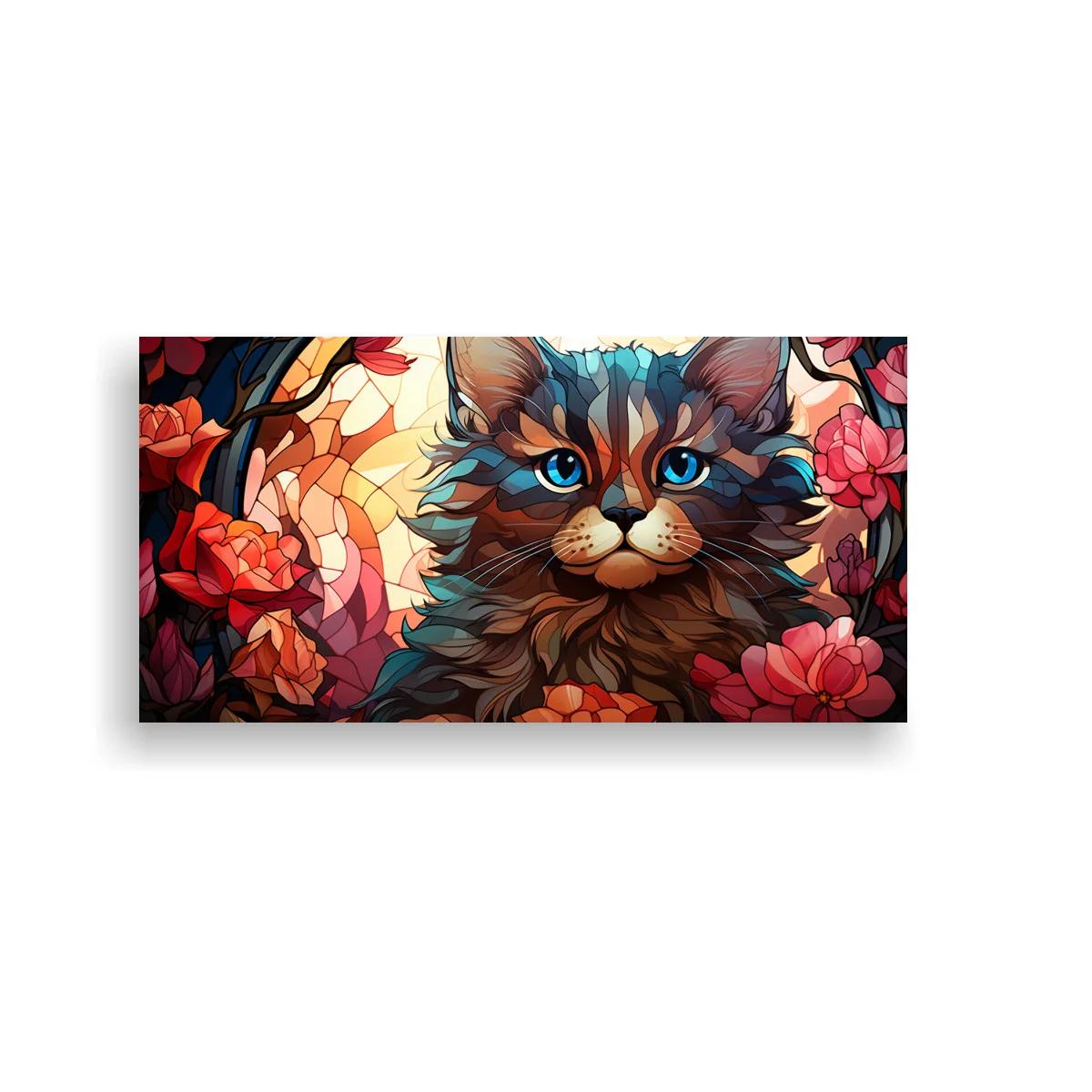Cuadro gato de ojos azules con flores y ramas en mosaico