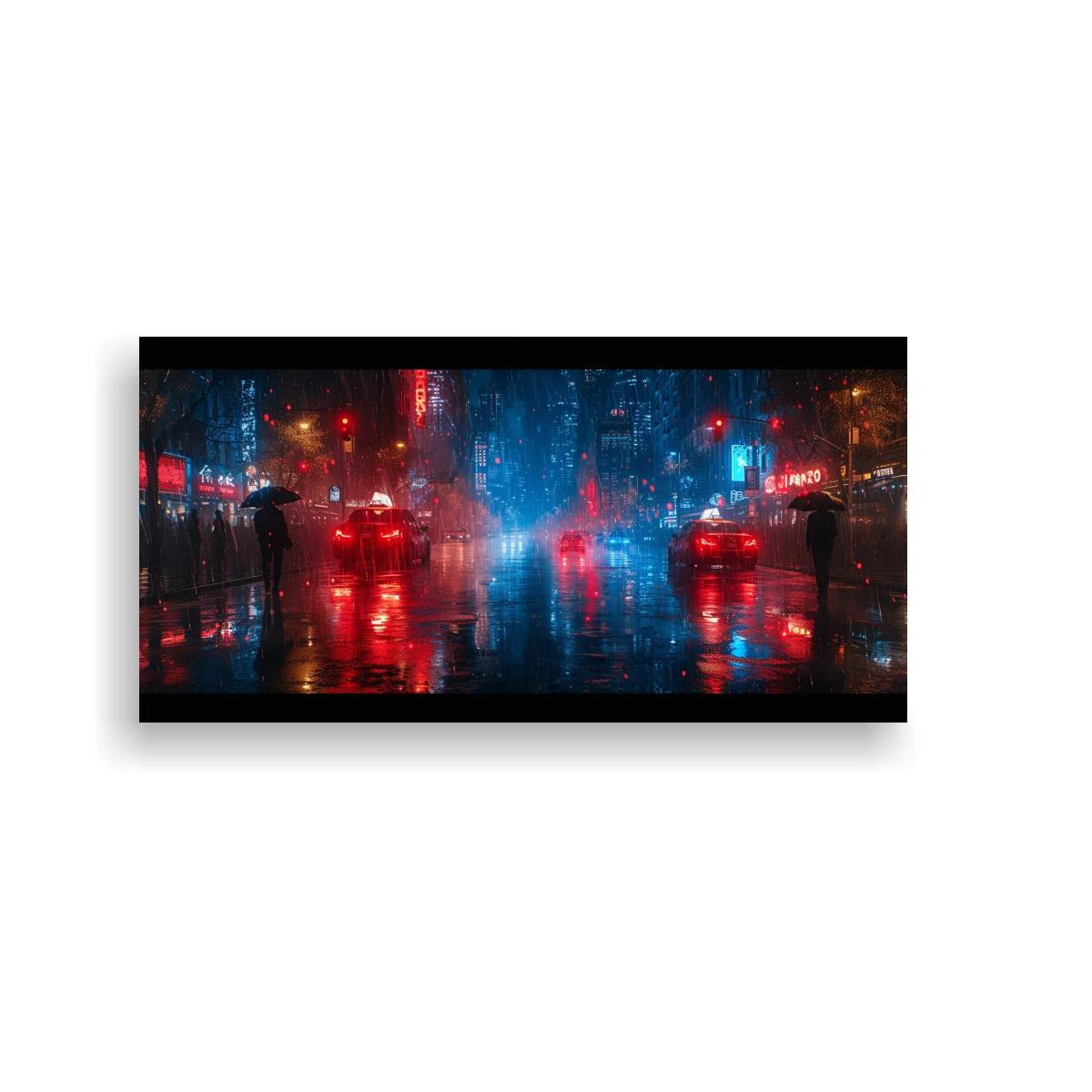 Cuadro calle urbana lluviosa de noche con reflejos rojos y azules — imagen principal