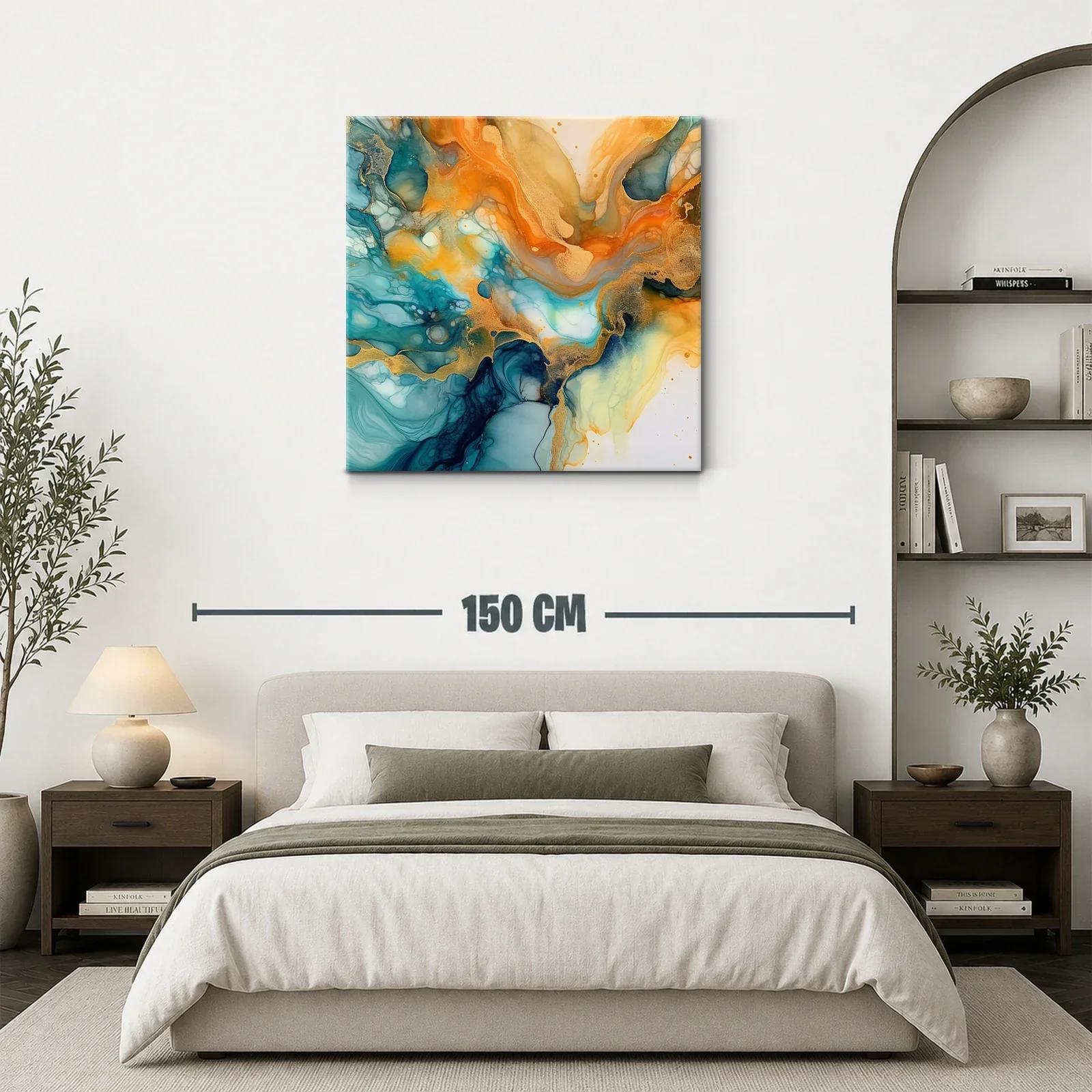 Cuadro abstracto en tonos turquesa y dorado vibrante — miniatura 3