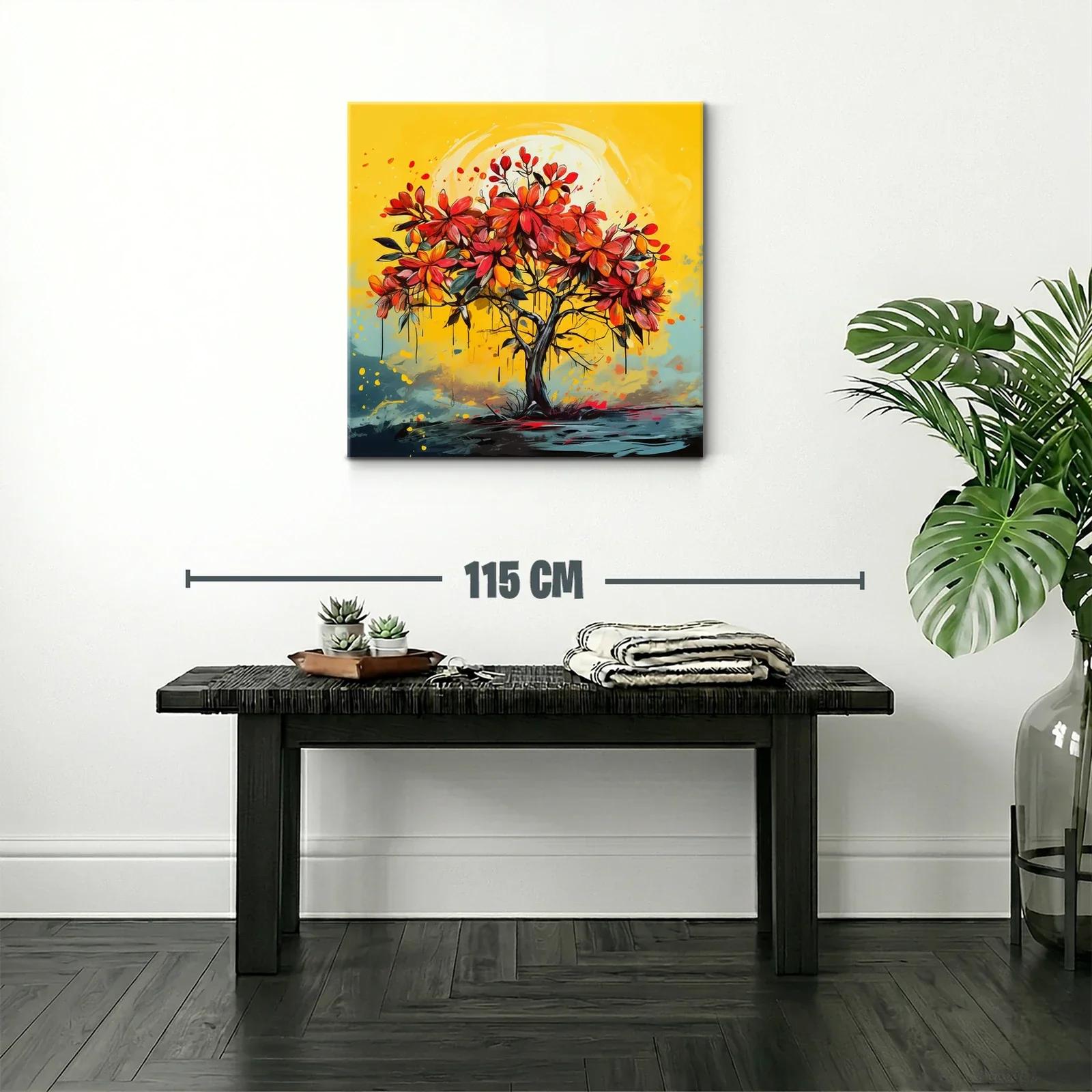 Árbol vibrante con flores rojas sobre fondo amarillo cálido — miniatura 2