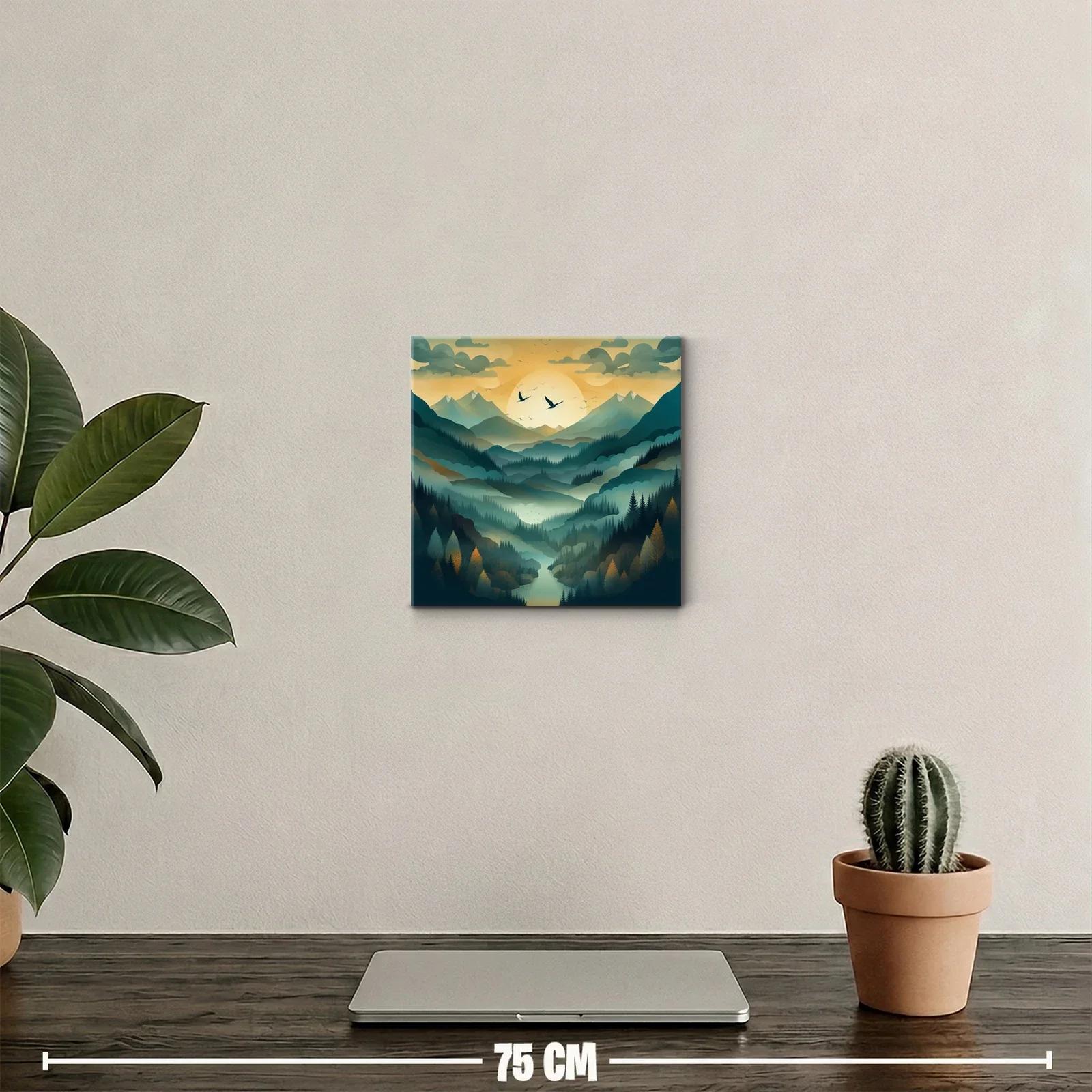 Paisaje de montañas con amanecer y vuelo de aves — miniatura 2