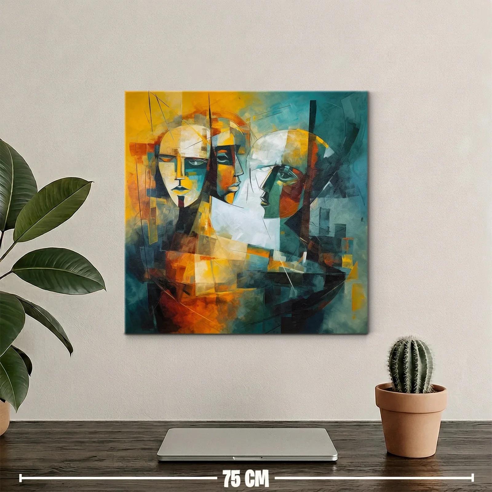 Cuadro abstracto rostros entrelazados en tonos cálidos y fríos — miniatura 2