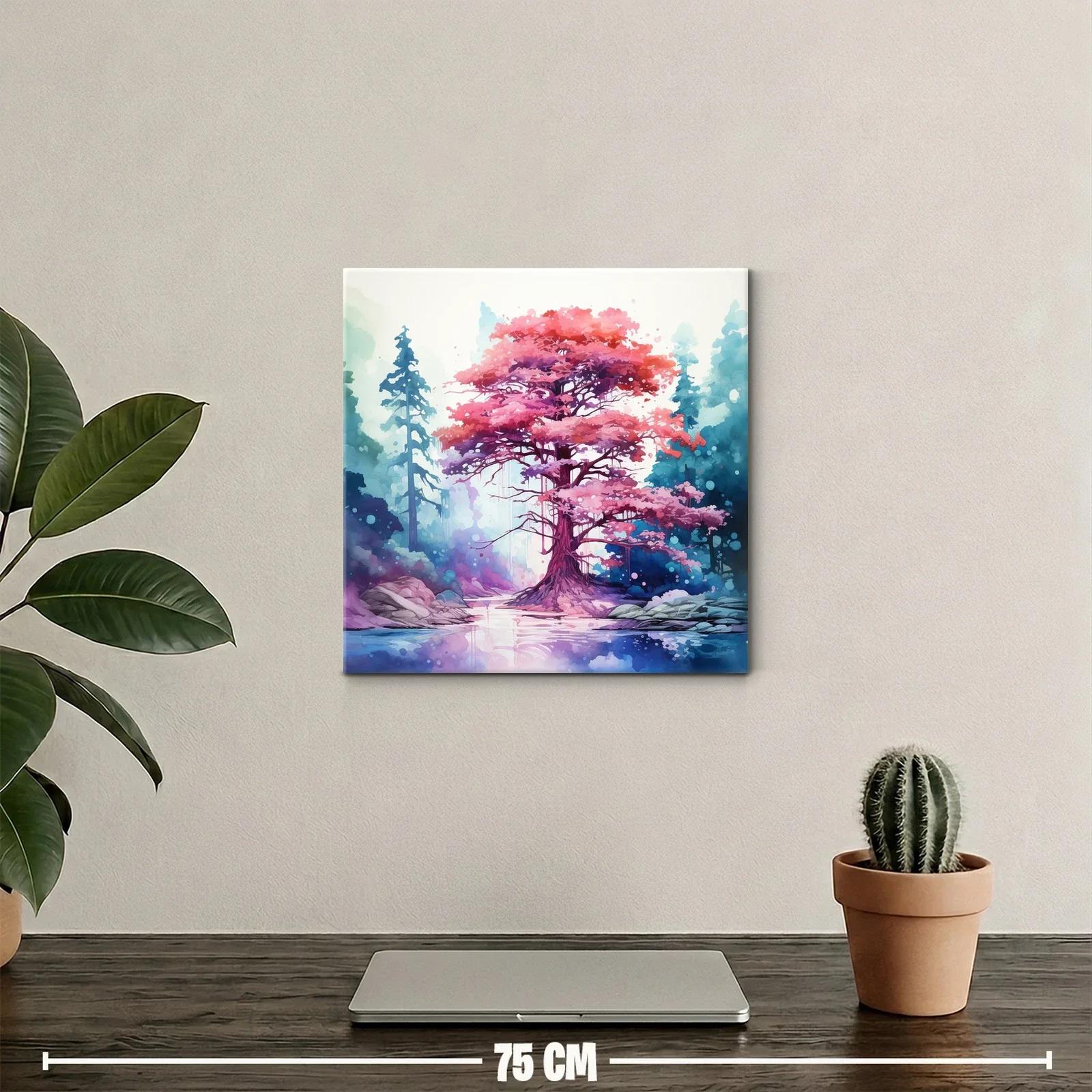 Árbol rosa mágico entre bosque azul y lago tranquilo — miniatura 2