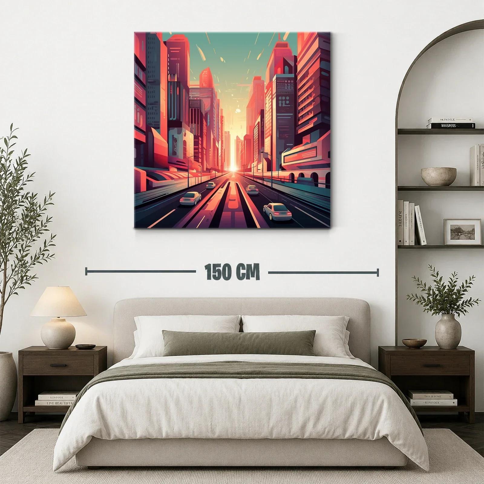 Ciudad futurista al atardecer con tonos cálidos y vibrantes — miniatura 3