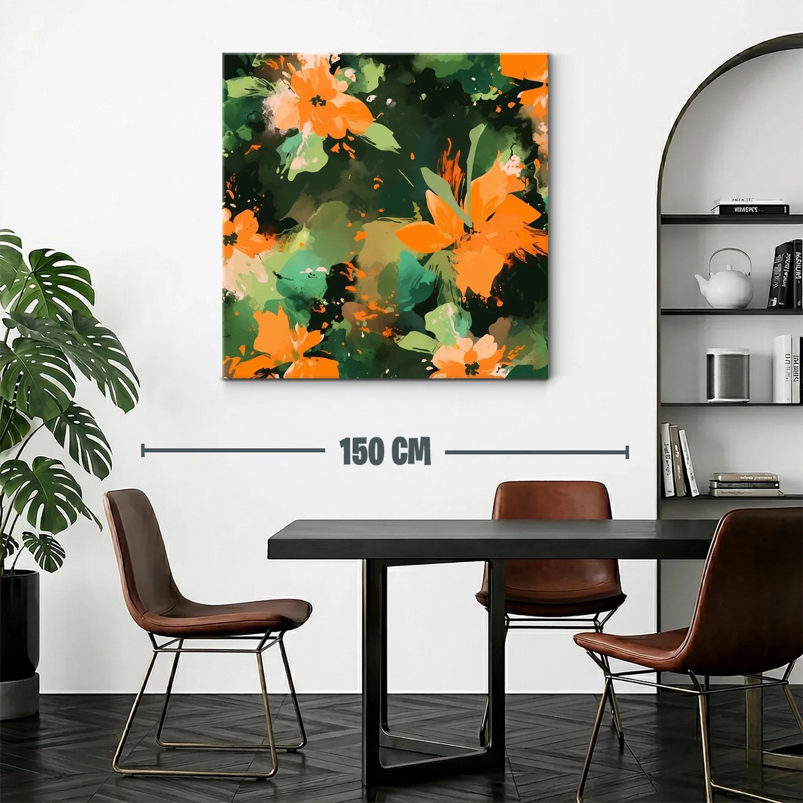 Cuadro abstracto con flores naranja y fondo verde oscuro — miniatura 2
