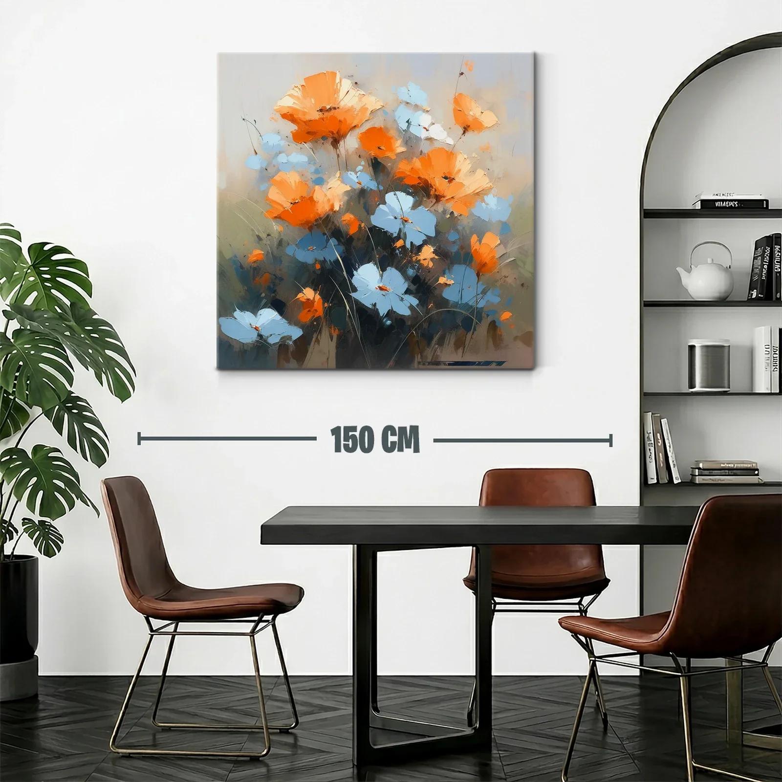 Cuadro moderno con flores naranjas y azules vibrantes — miniatura 2