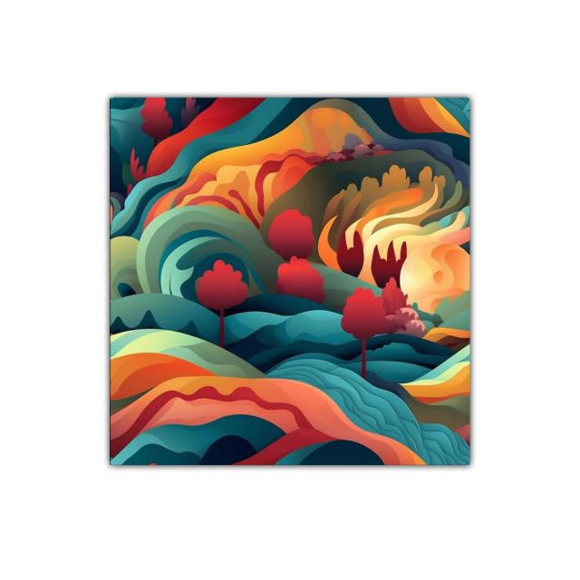 Paisaje abstracto con vibrantes formas ondulantes y árboles rojos