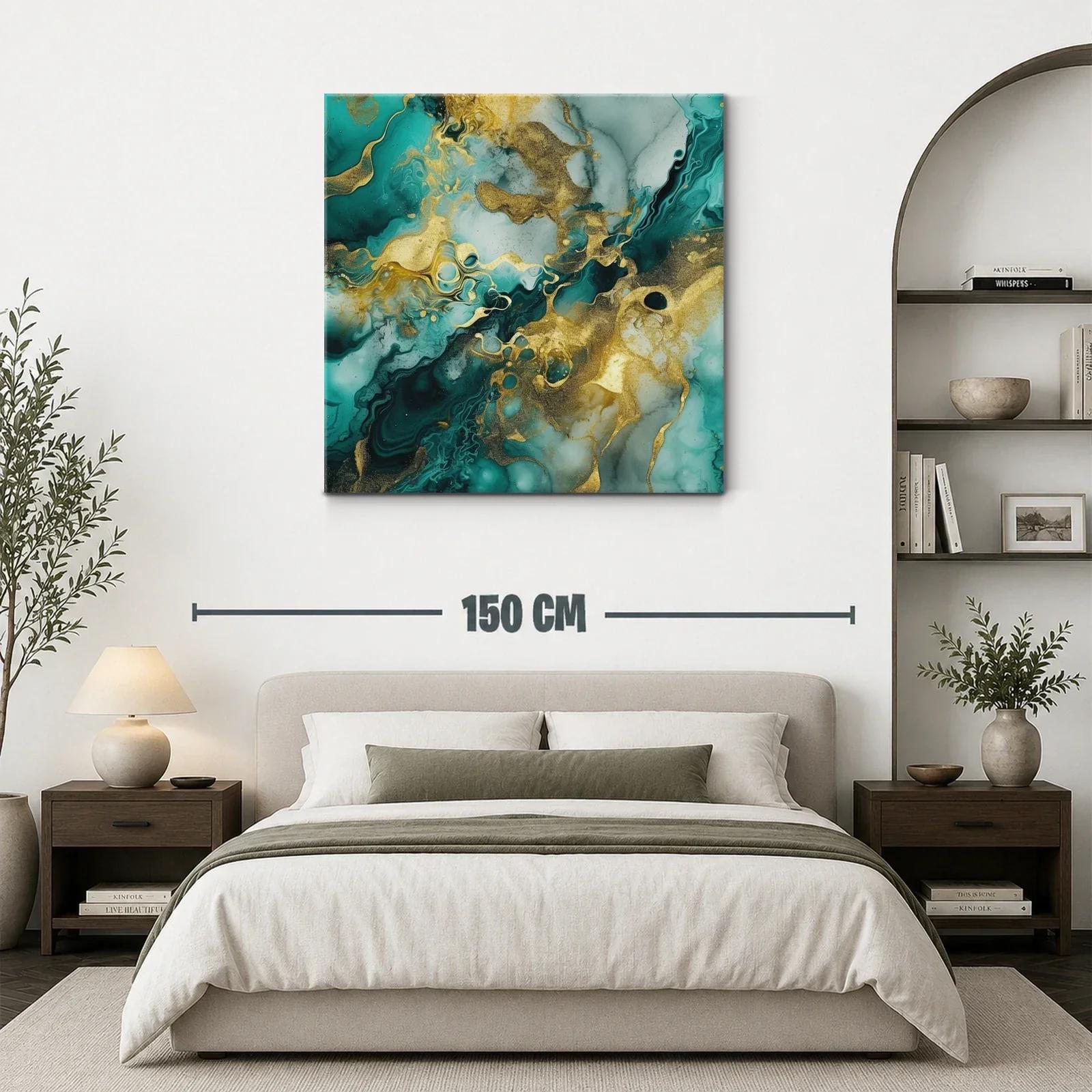 Cuadro abstracto con dorado y tonos verdes marinos vibrantes — miniatura 3